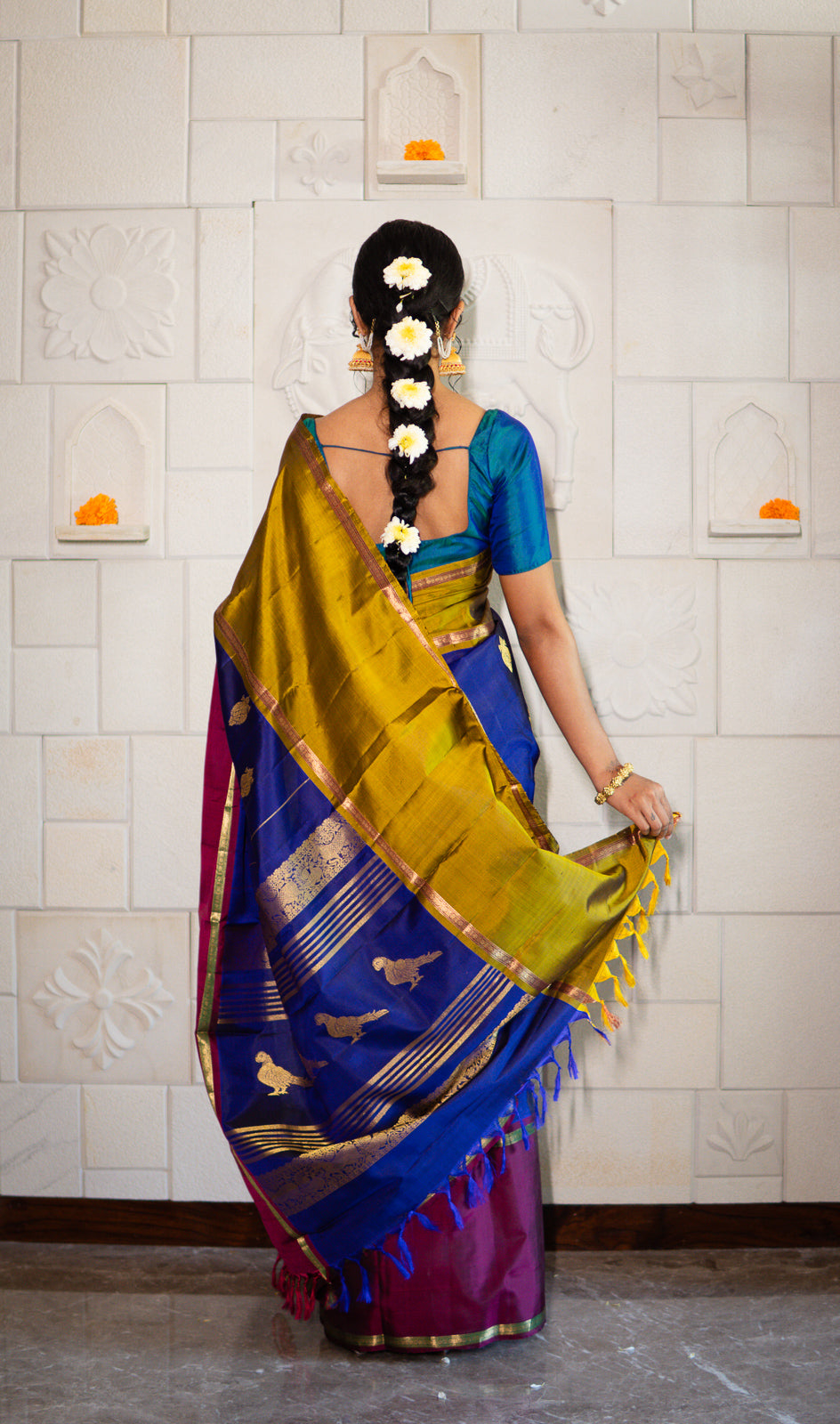 Handwoven Kanchi Silk Saree - Tri Colour