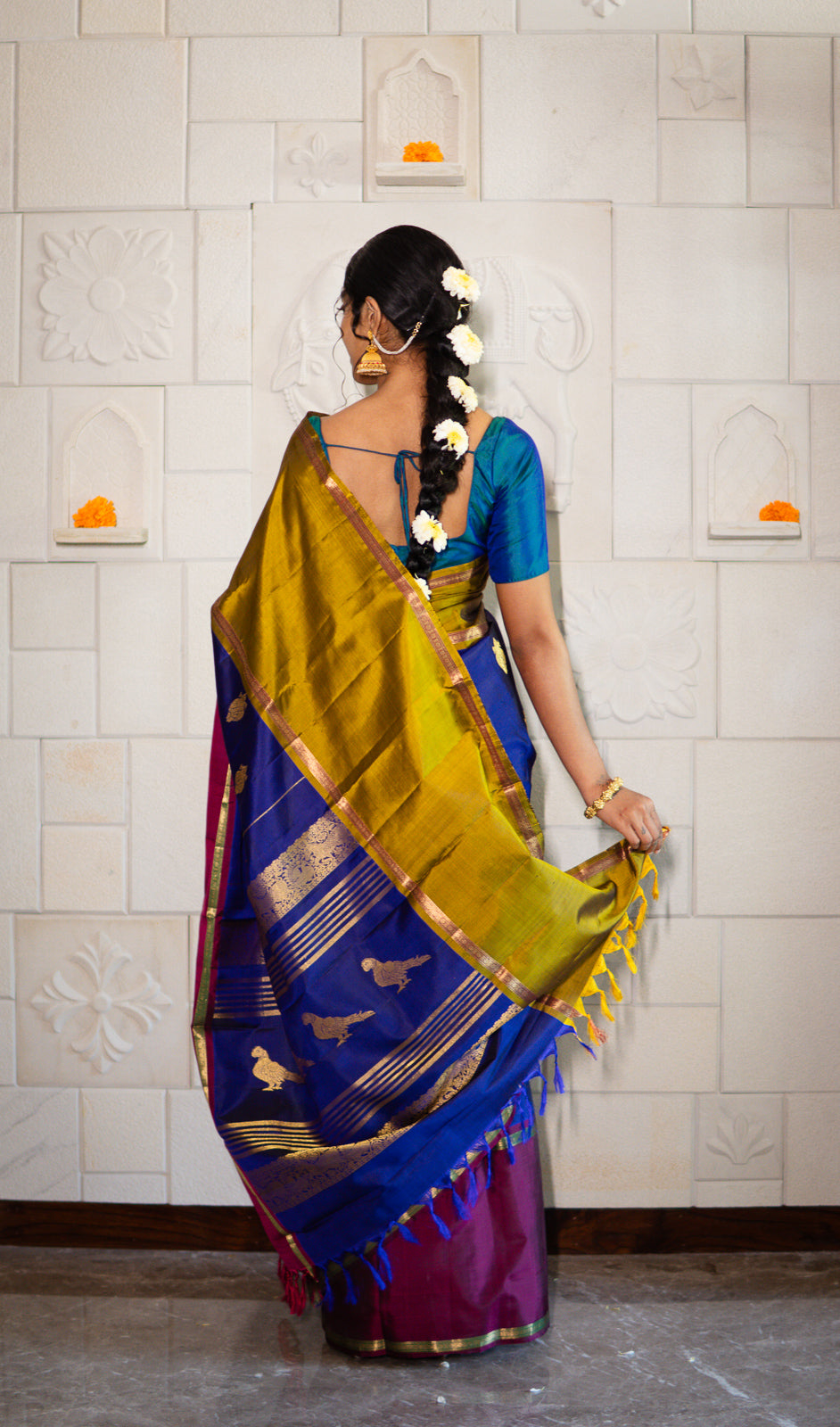 Handwoven Kanchi Silk Saree - Tri Colour