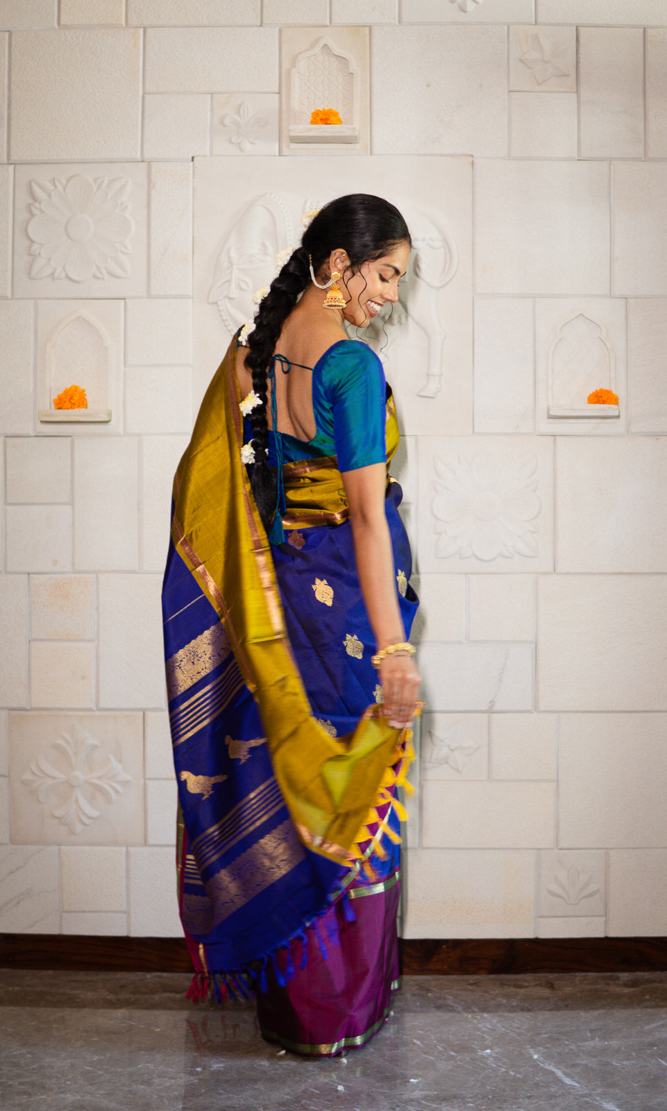 Handwoven Kanchi Silk Saree - Tri Colour