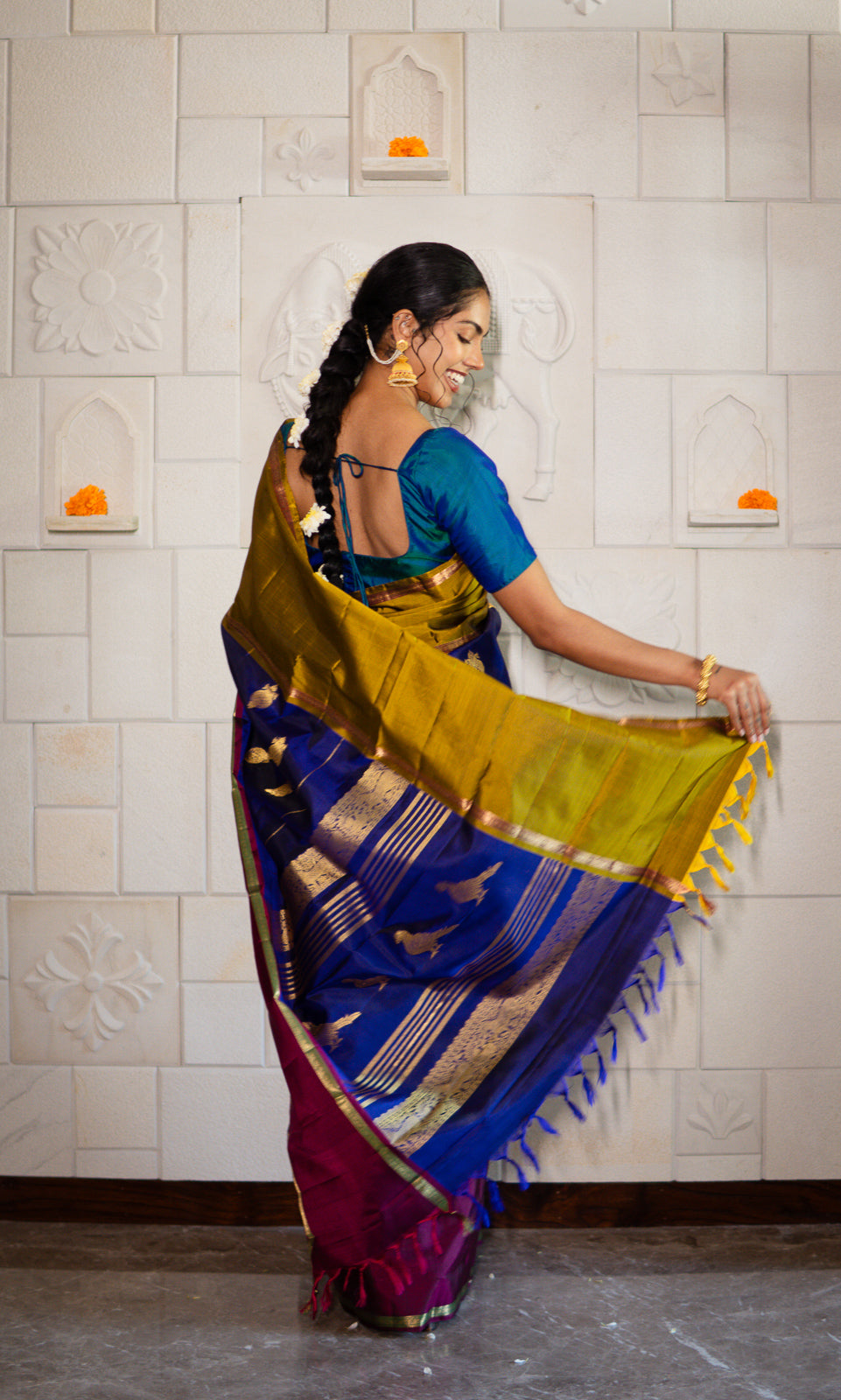 Handwoven Kanchi Silk Saree - Tri Colour