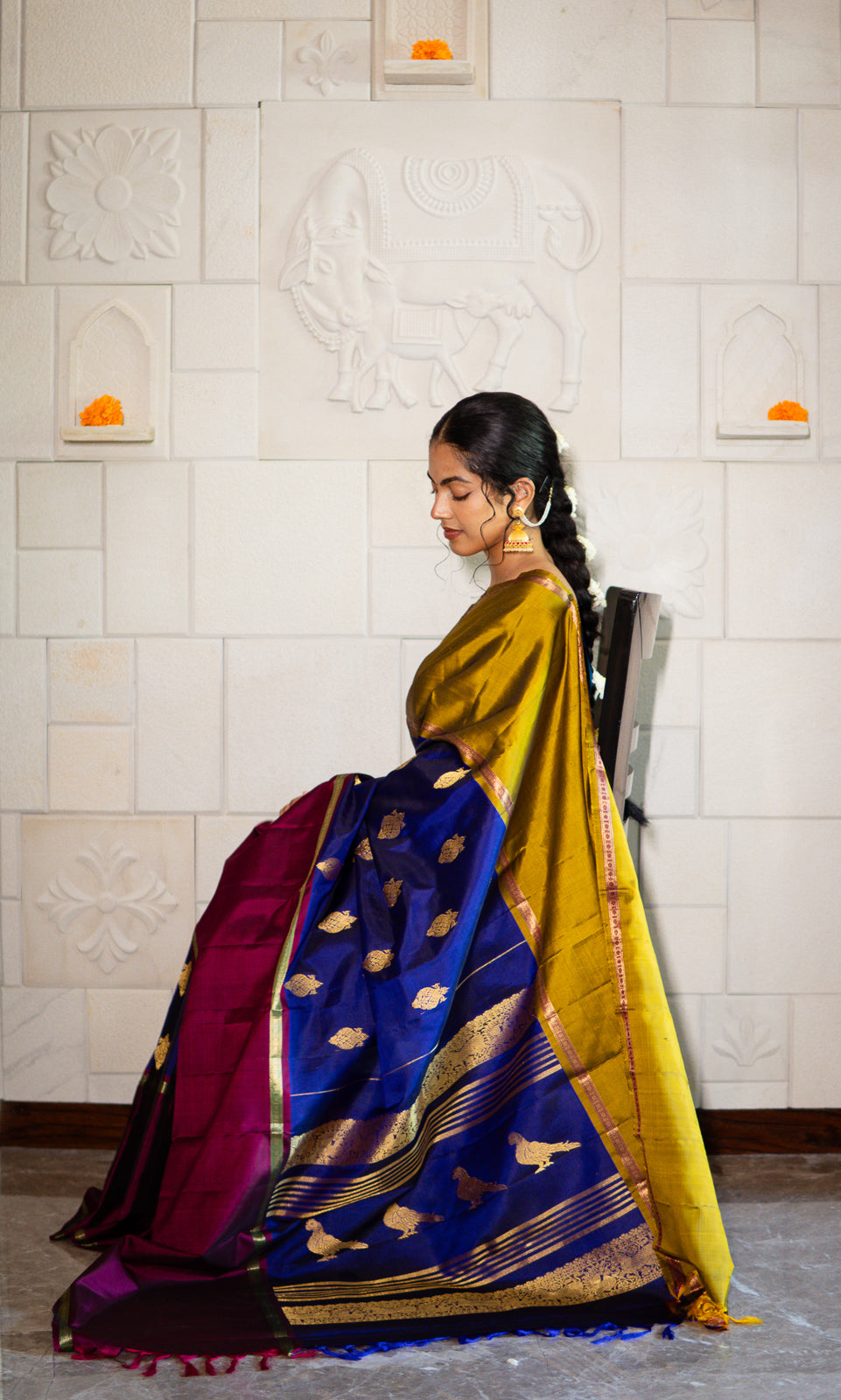 Handwoven Kanchi Silk Saree - Tri Colour