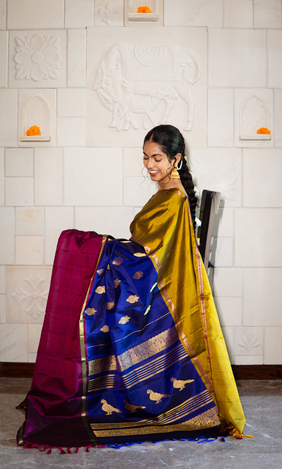 Handwoven Kanchi Silk Saree - Tri Colour