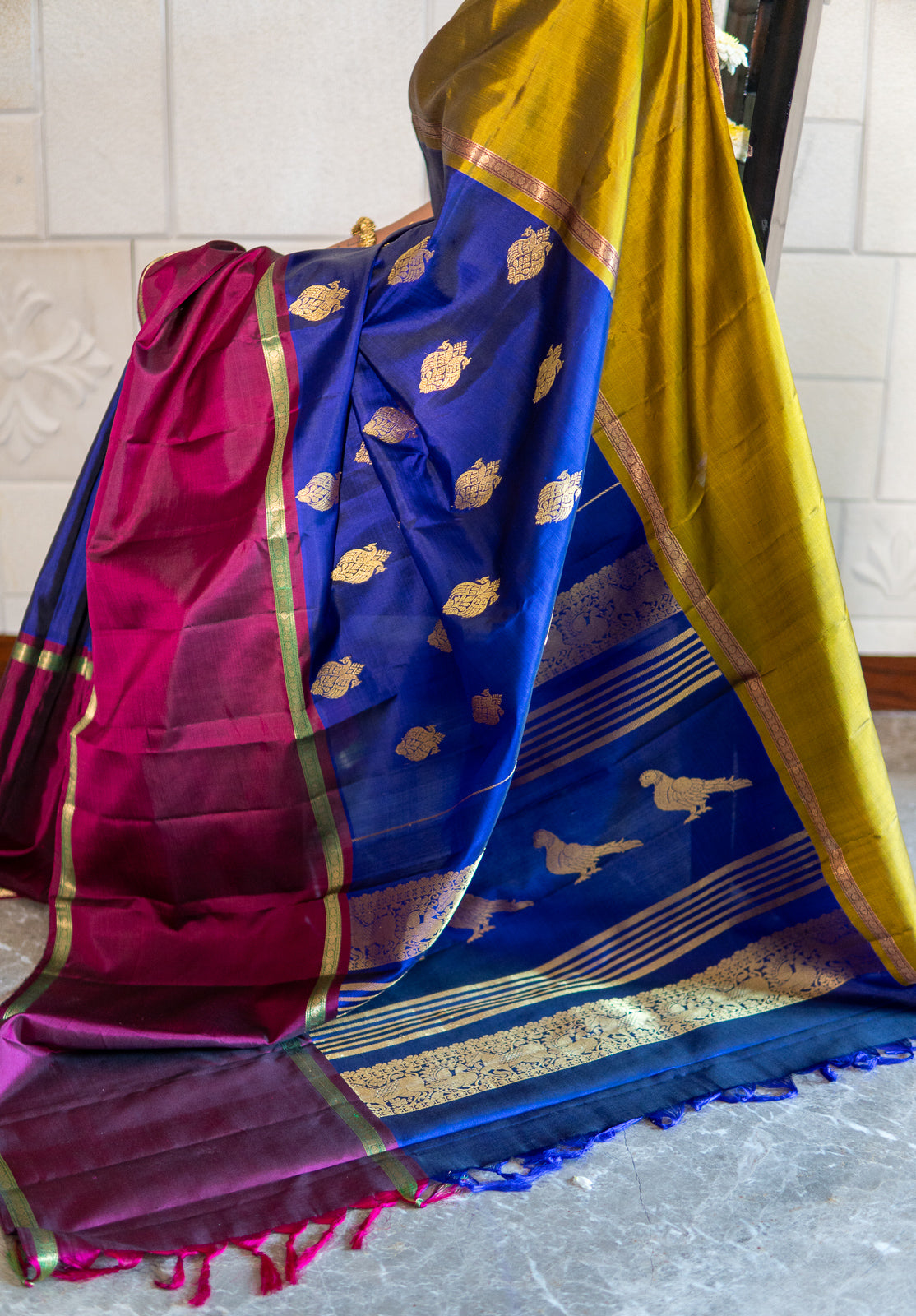 Handwoven Kanchi Silk Saree - Tri Colour