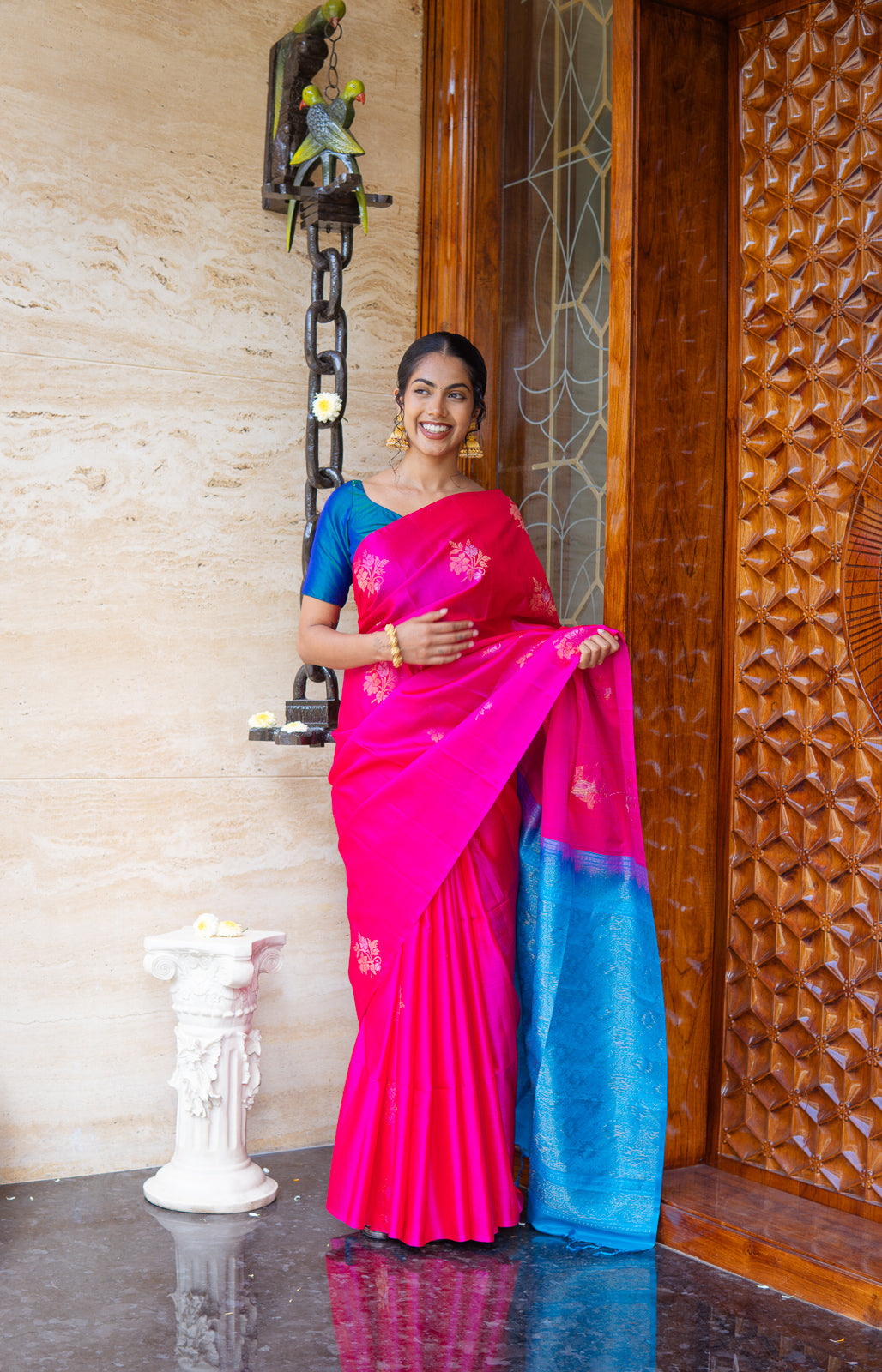 Handwoven Kanchi Soft Silk Saree – Bright Pink with Blue Contrast