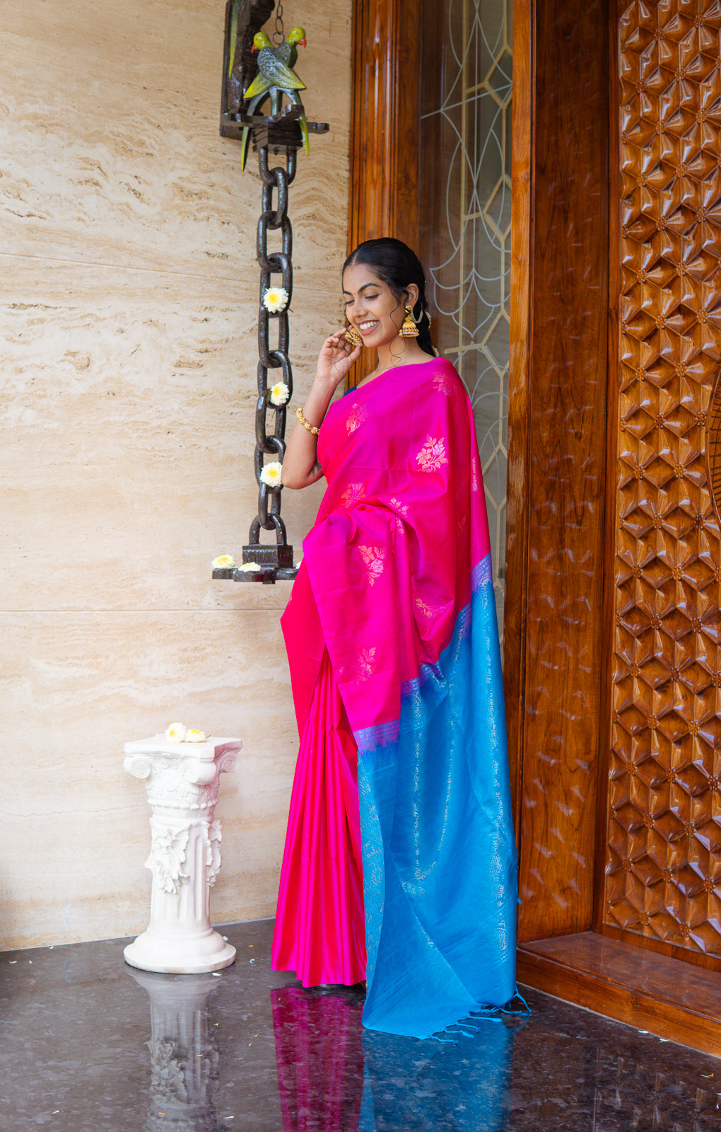 Handwoven Kanchi Soft Silk Saree – Bright Pink with Blue Contrast