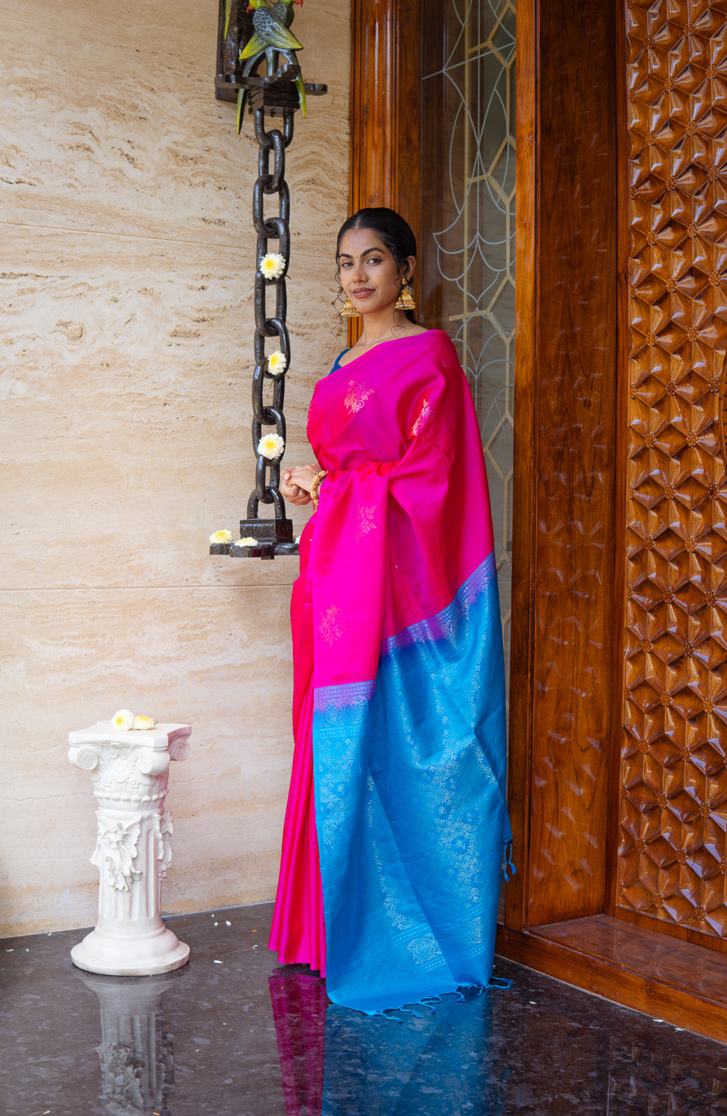 Handwoven Kanchi Soft Silk Saree – Bright Pink with Blue Contrast