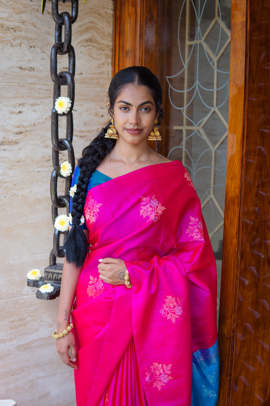 Handwoven Kanchi Soft Silk Saree – Bright Pink with Blue Contrast