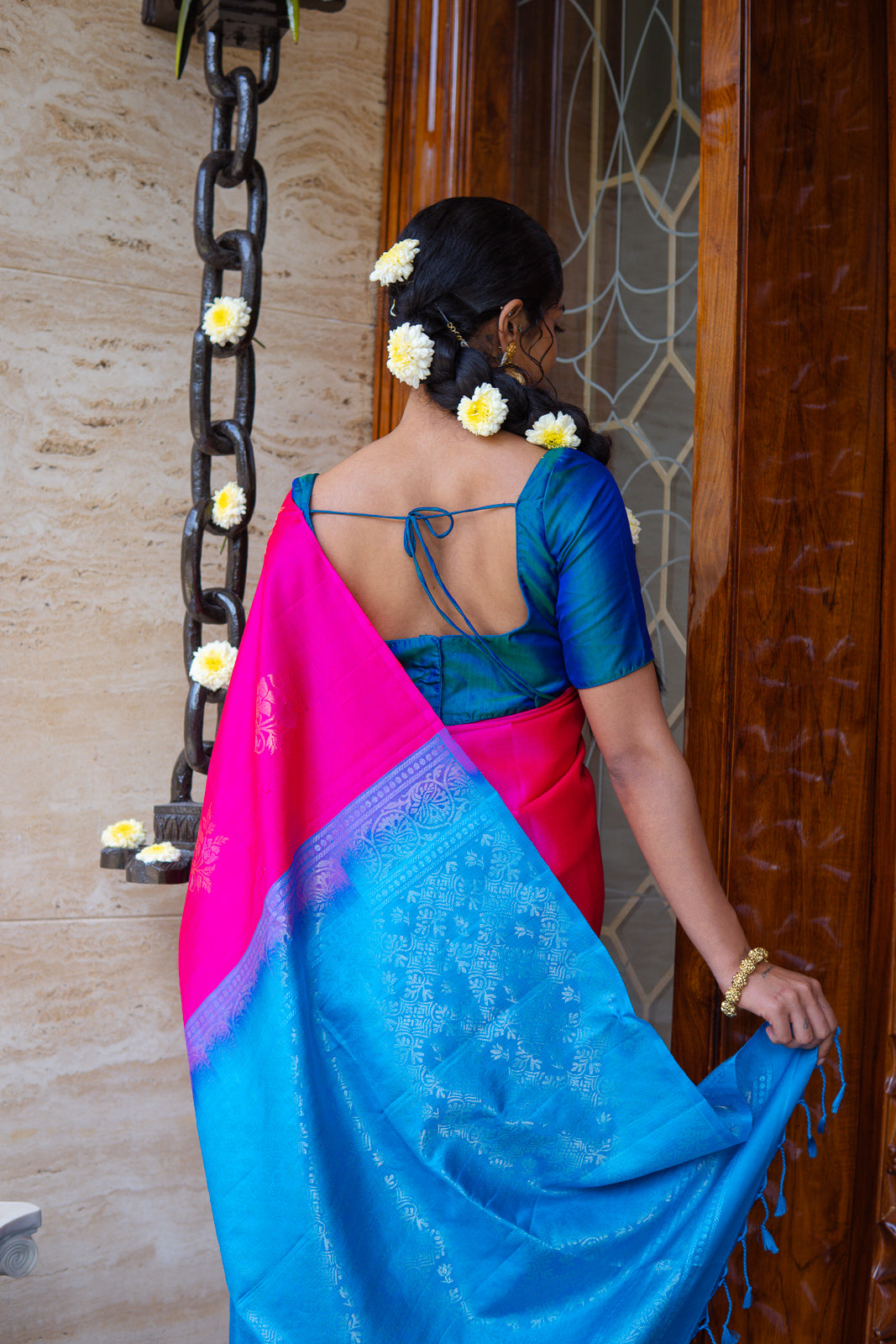 Handwoven Kanchi Soft Silk Saree – Bright Pink with Blue Contrast