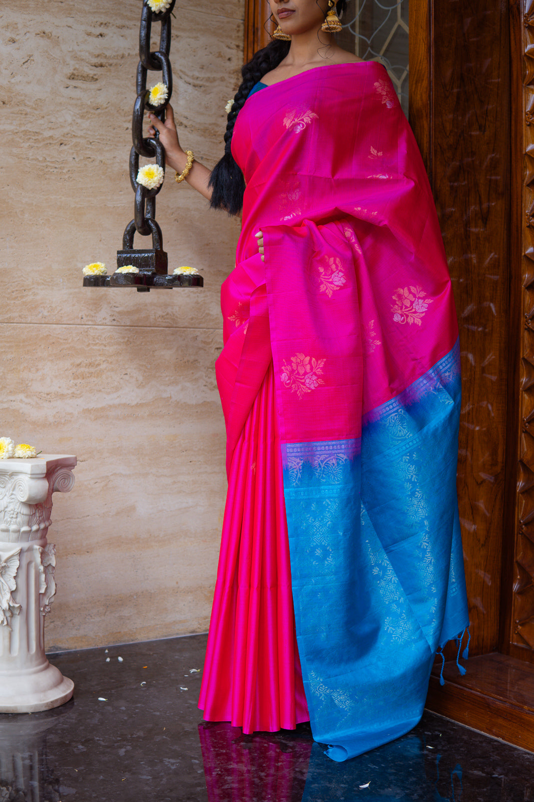 Handwoven Kanchi Soft Silk Saree – Bright Pink with Blue Contrast