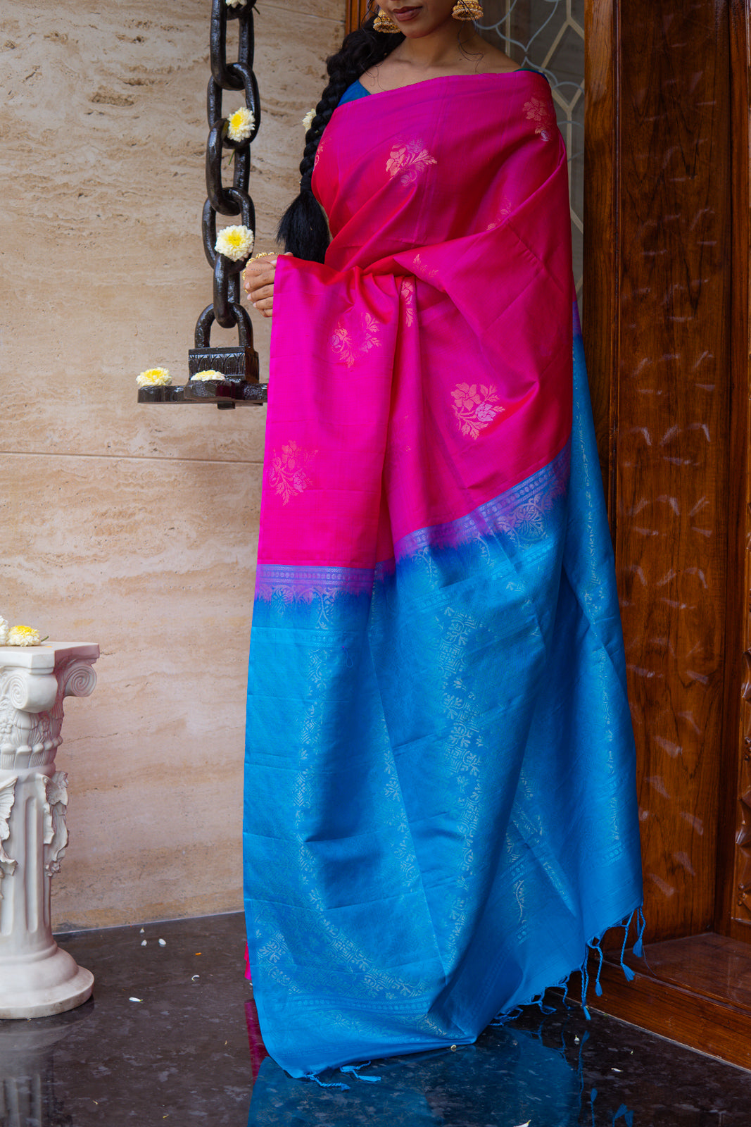 Handwoven Kanchi Soft Silk Saree – Bright Pink with Blue Contrast