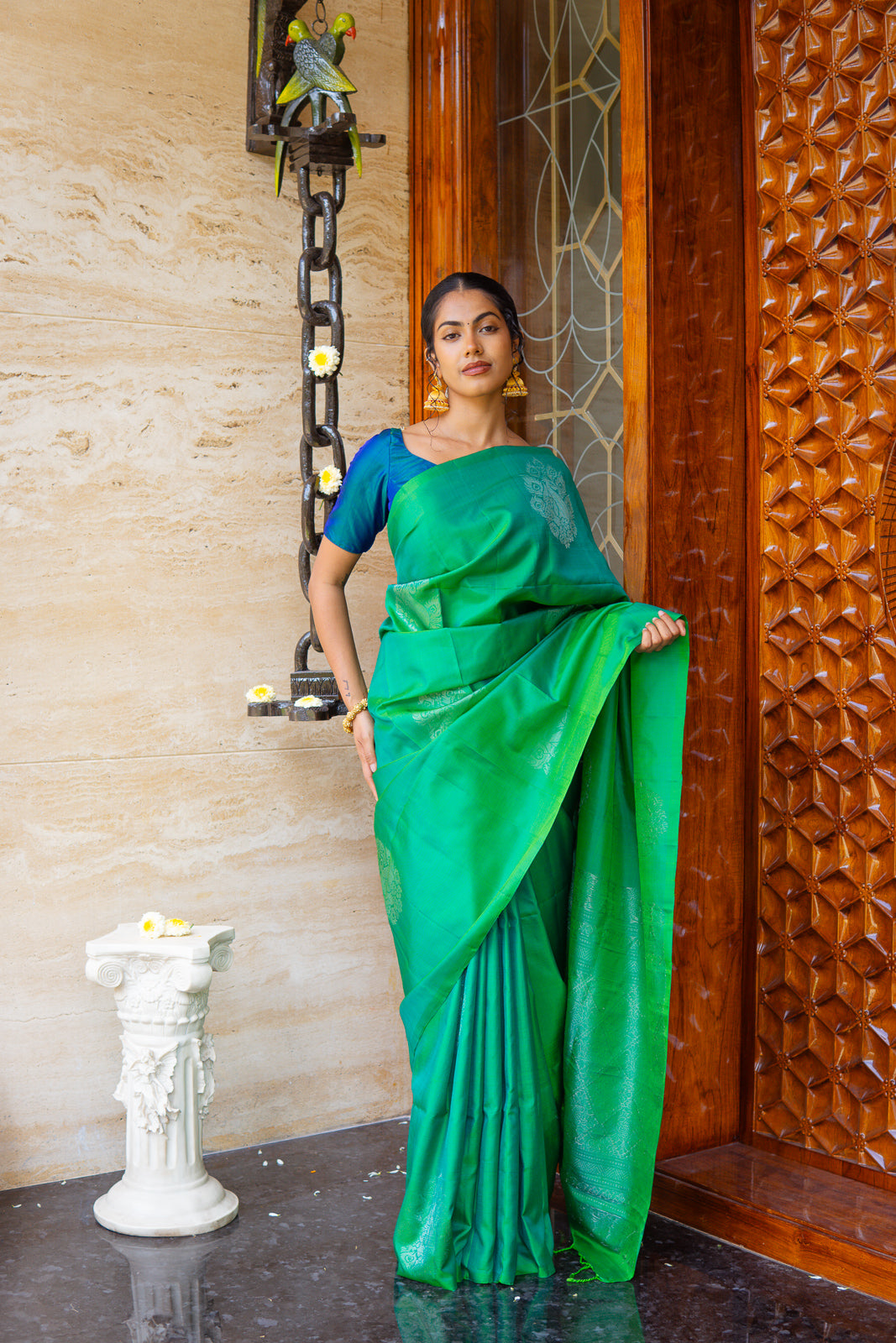 Handwoven Kanchi Soft Silk Saree – Sea Green with Silver Zari Work
