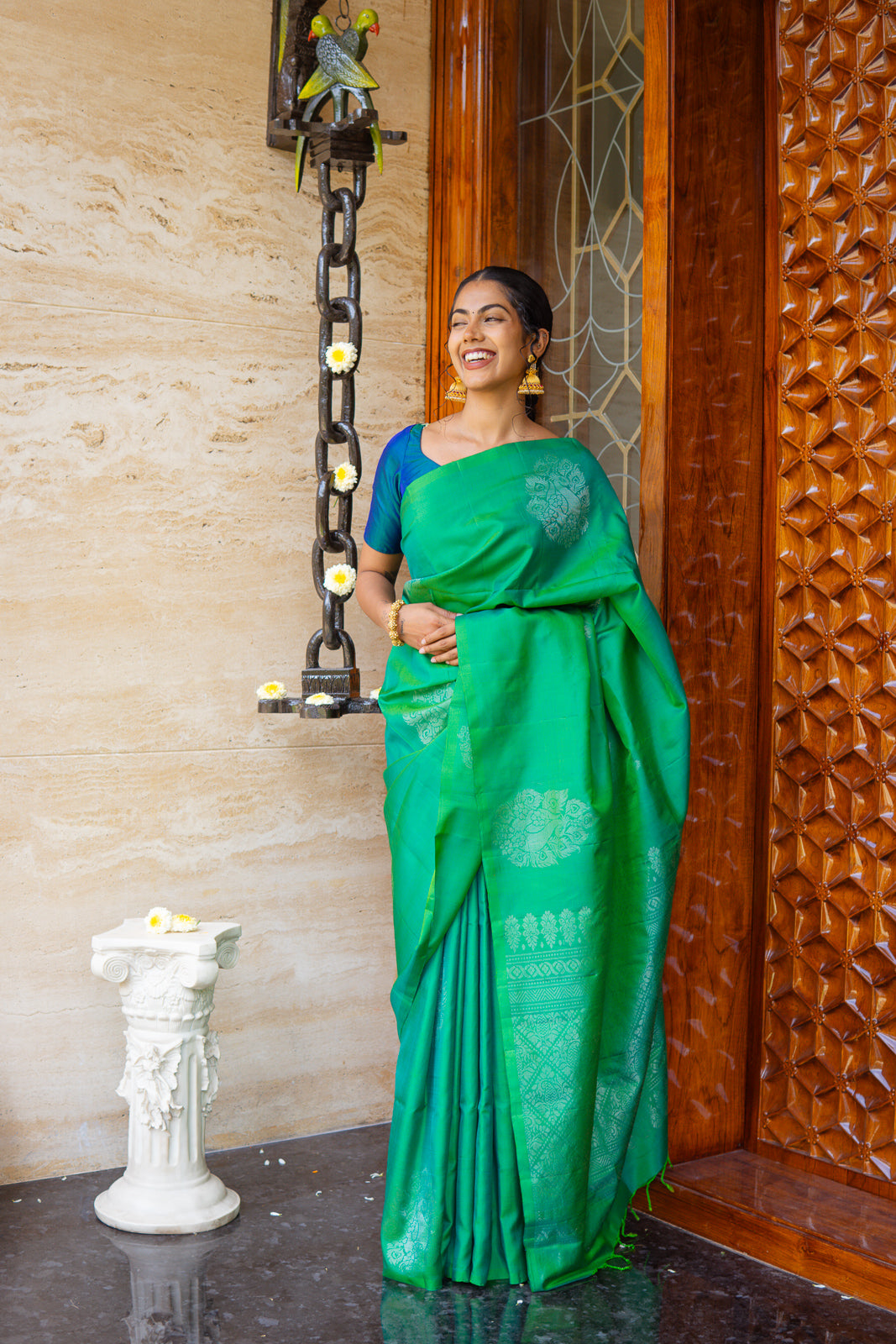 Handwoven Kanchi Soft Silk Saree – Sea Green with Silver Zari Work