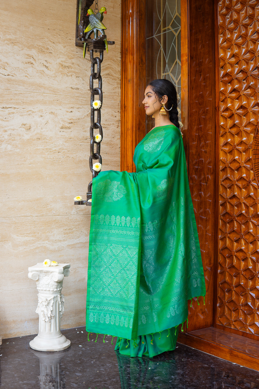 Handwoven Kanchi Soft Silk Saree – Sea Green with Silver Zari Work