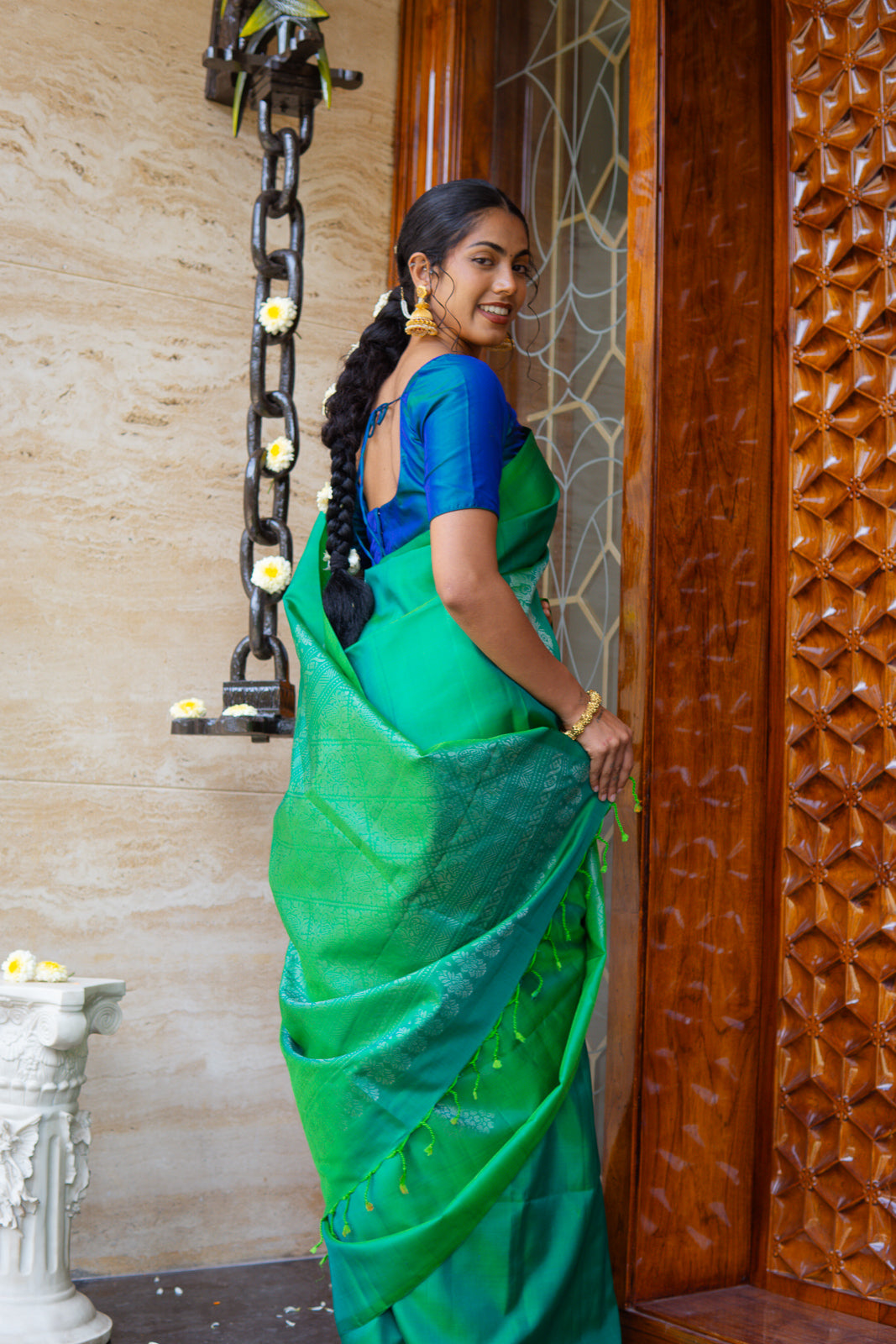 Handwoven Kanchi Soft Silk Saree – Sea Green with Silver Zari Work