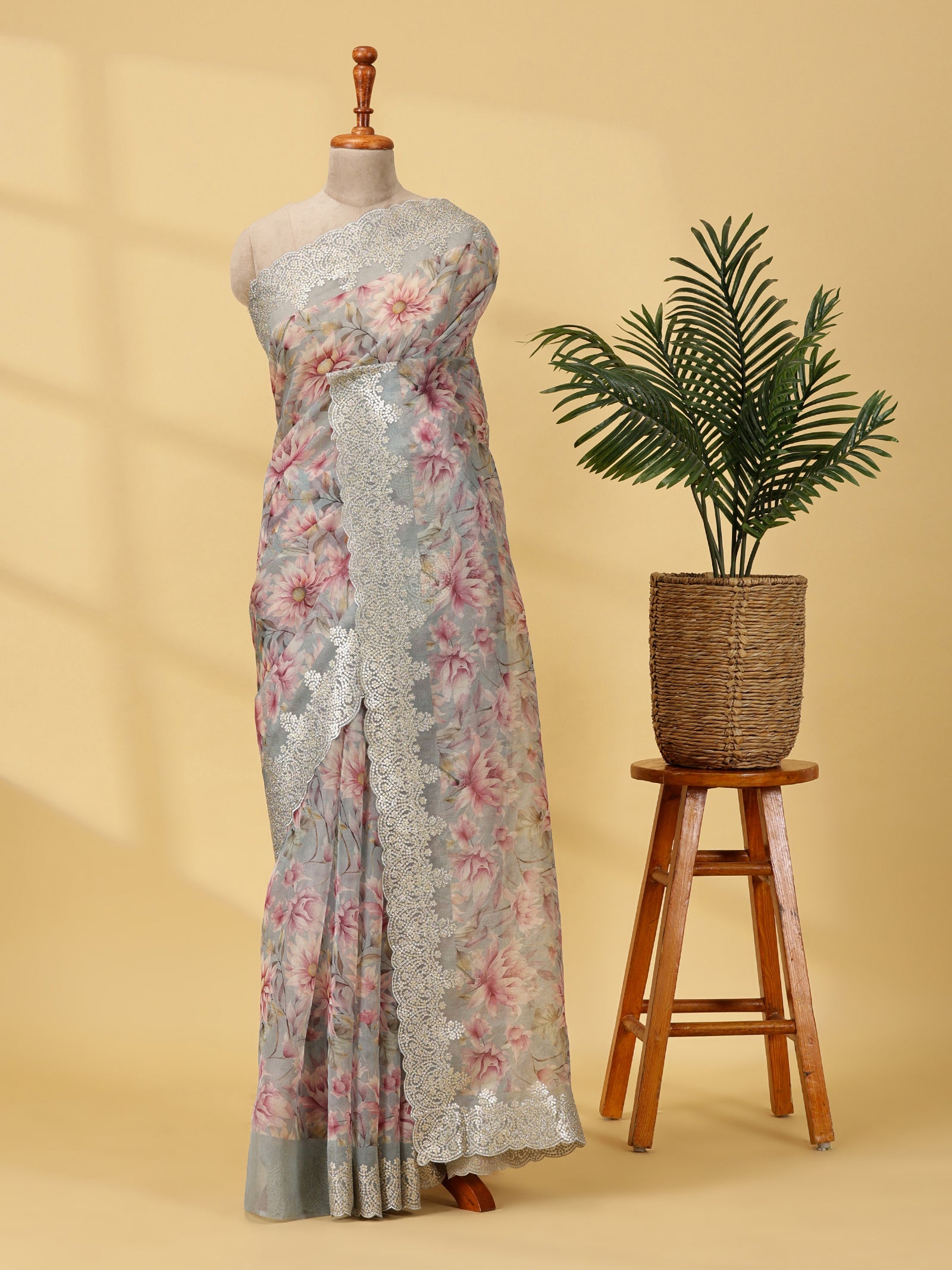 Blush Bloom Floral Organza Silk Saree with Embroidered Border