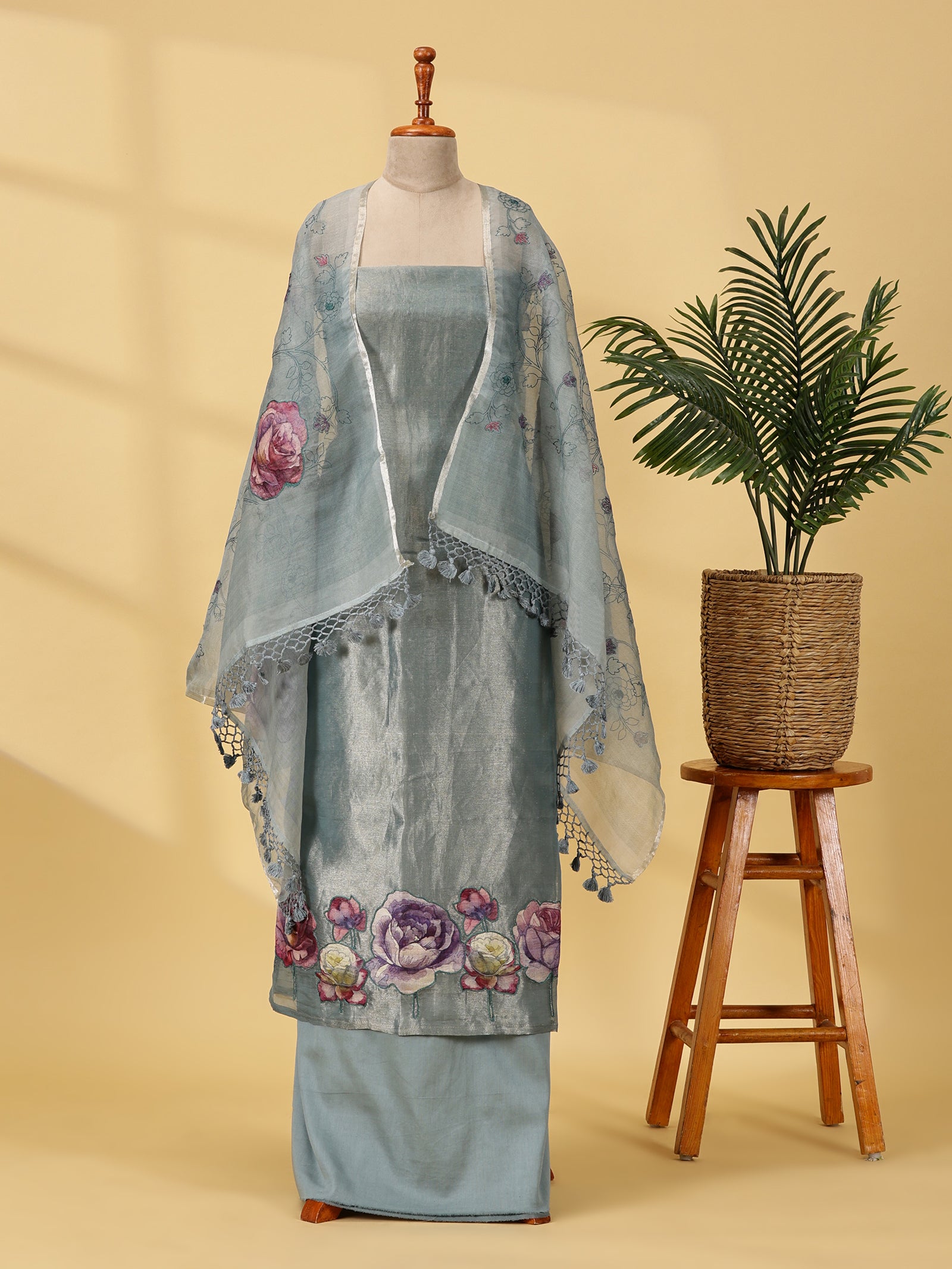 Tissue Silk Dress Material Set with Appliqué & Embroidered Organza Dupatta