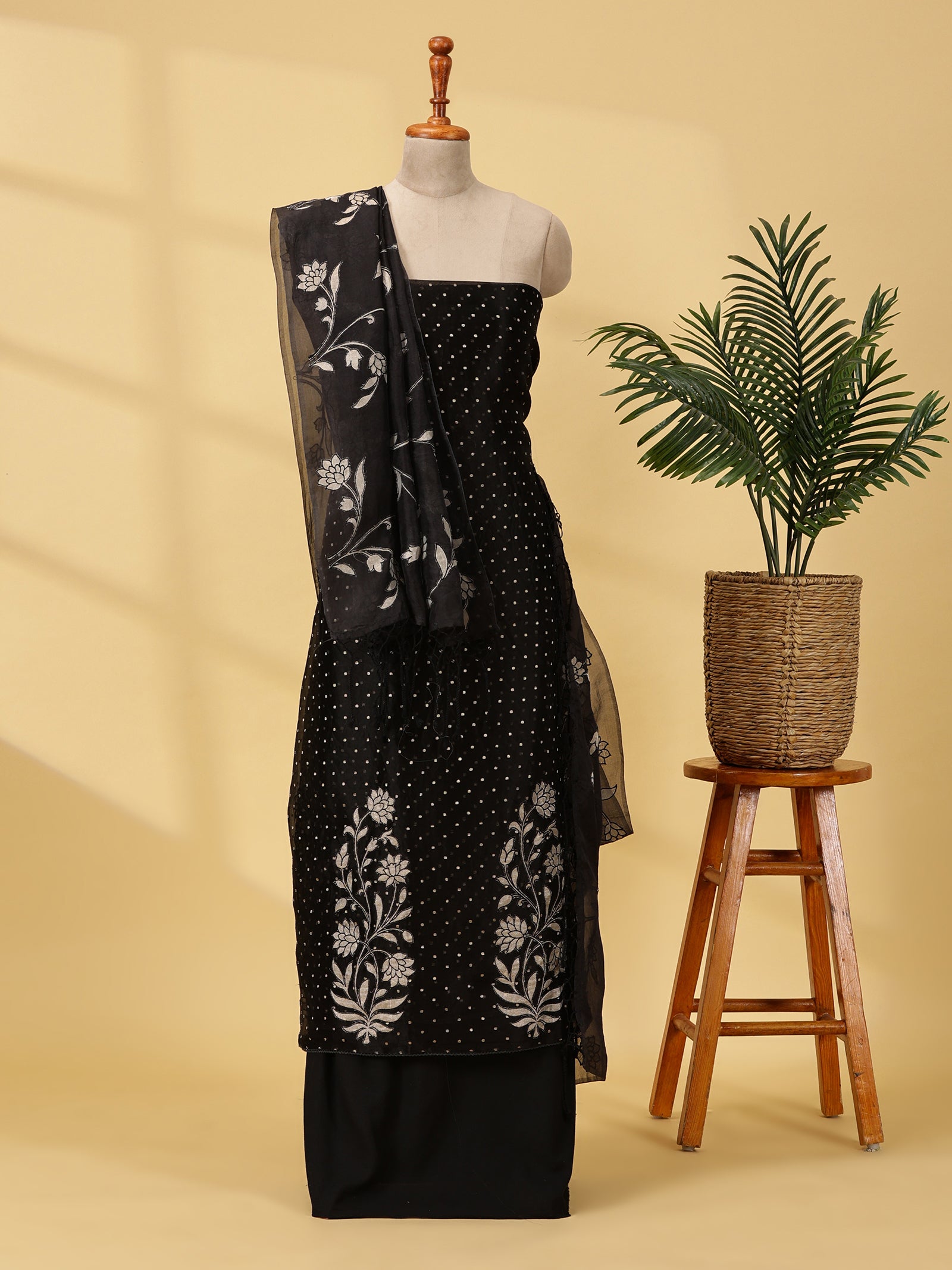 Pure Organza Silk Dress Material Set with Zari Buttis & Tissue Appliqué