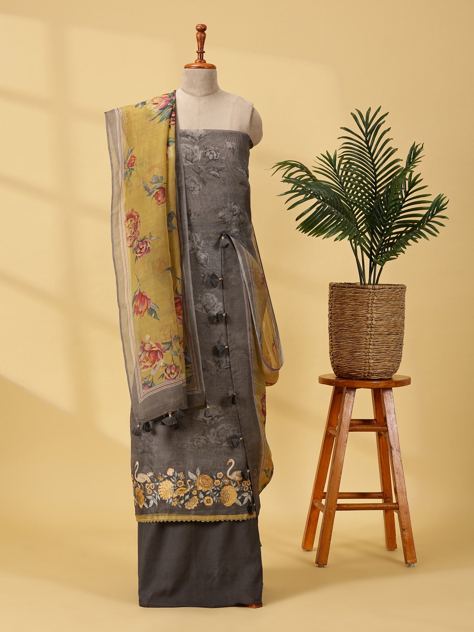 Pure Organza Silk Dress Material Set with Embroidery & Digital Print