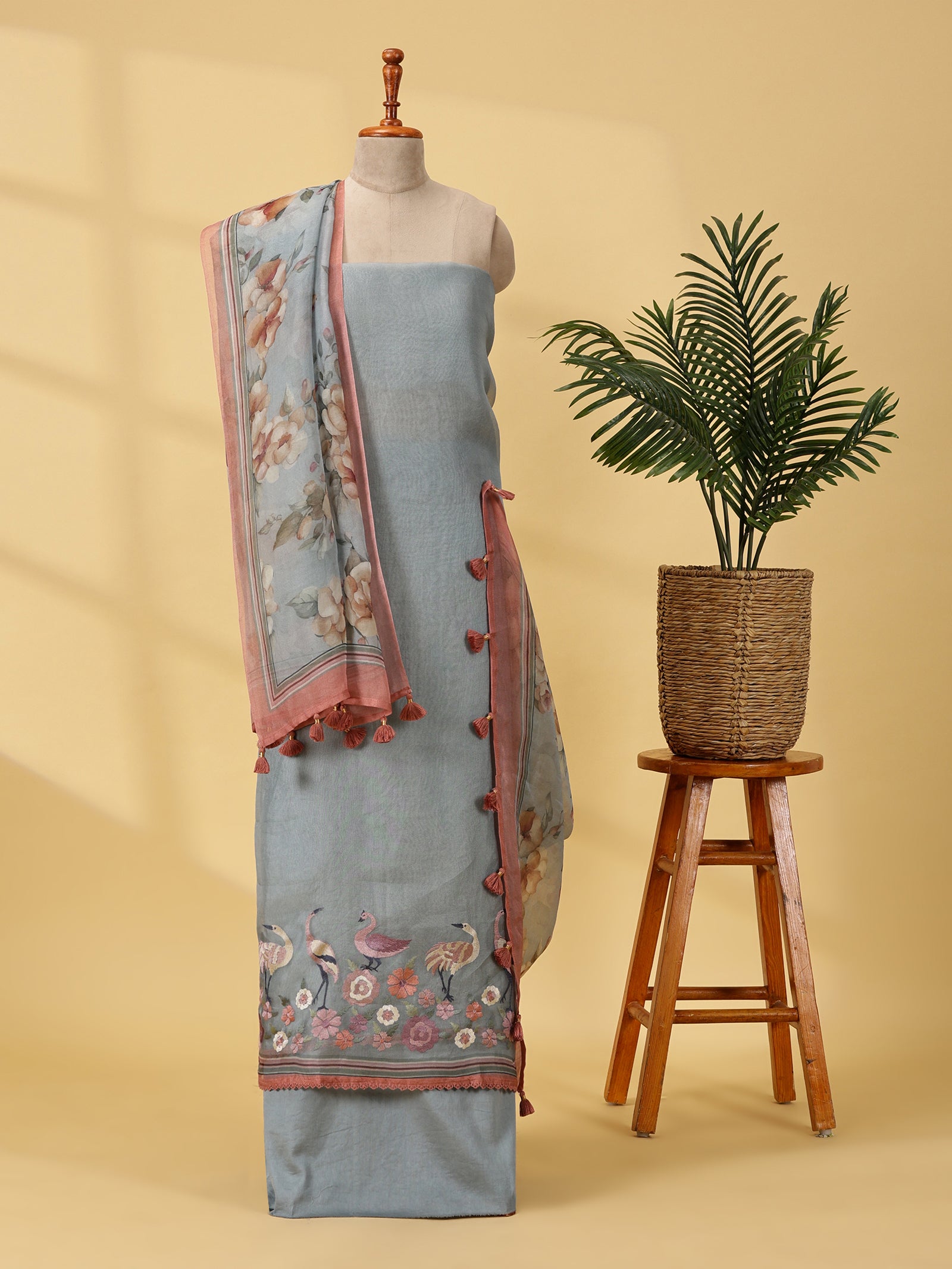 Twill Silk Dress Material Set with Thread Embroidery & Organza Dupatta