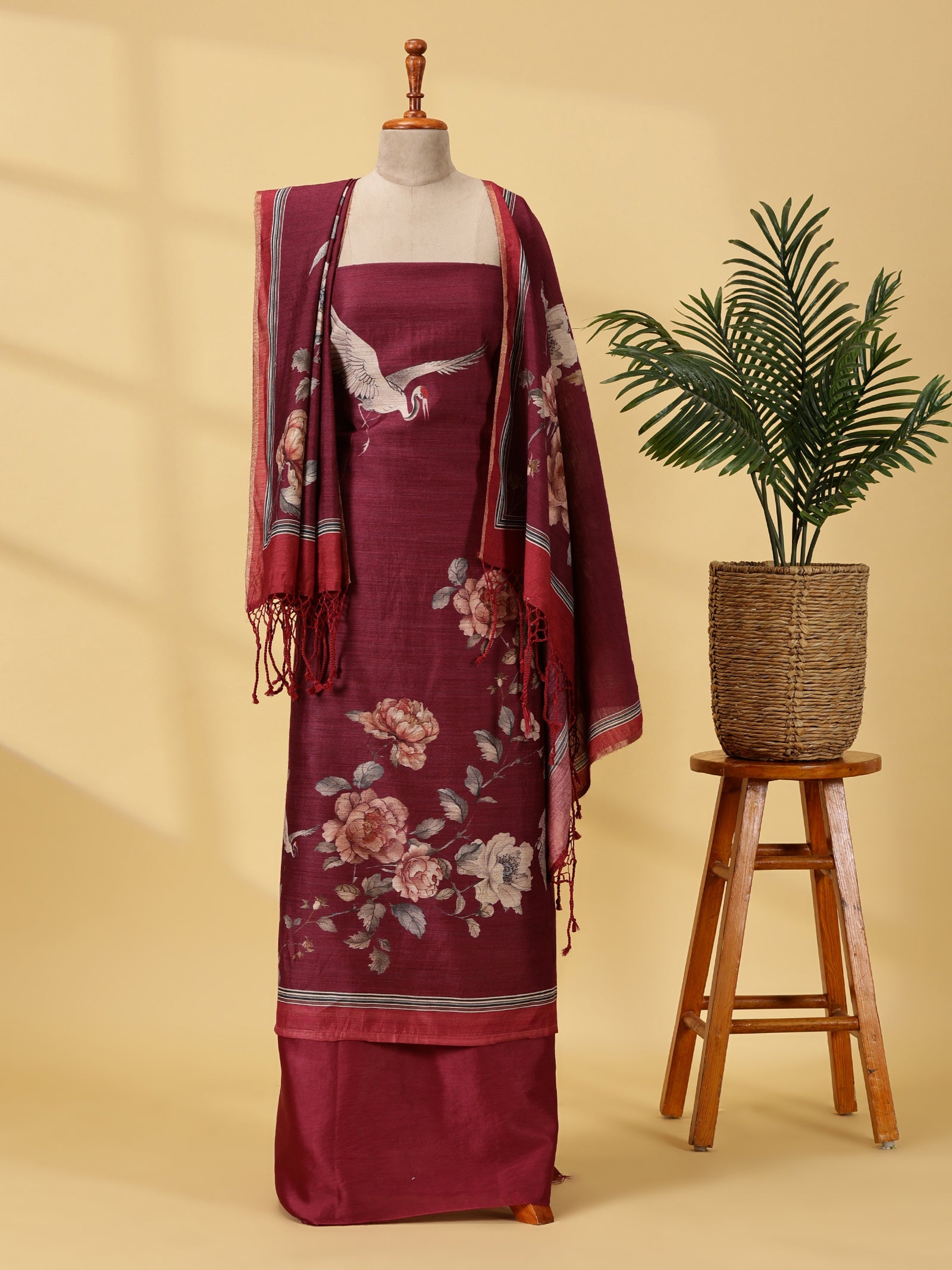 Pure Moonga Silk Dress Material Set with Floral & Bird Digital Print