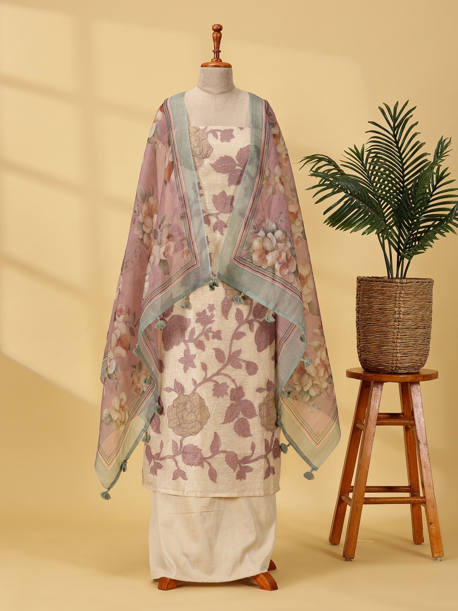 Pure Chanderi Silk Dress Material Set with Rose Appliqué & Digital Print Dupatta