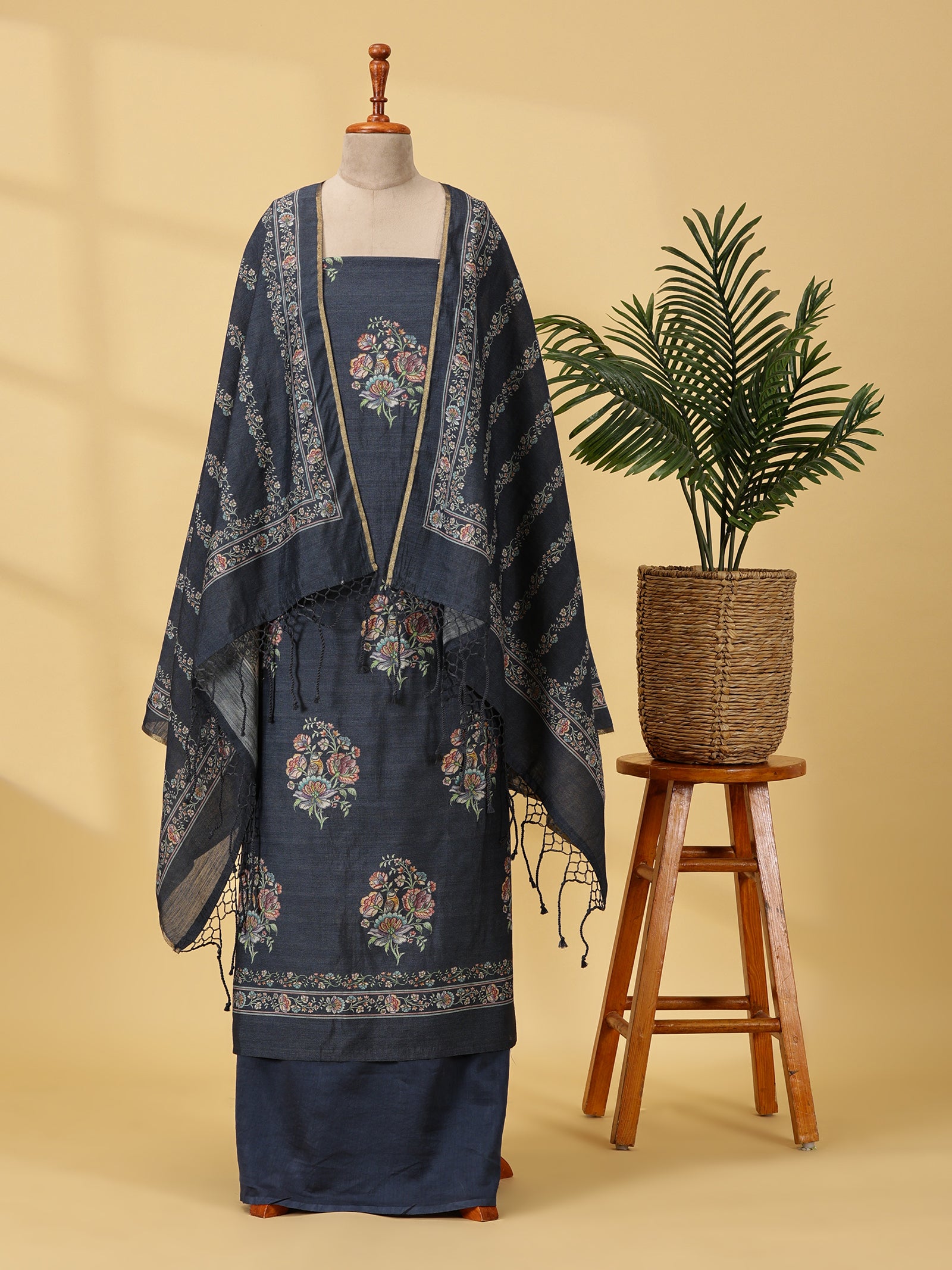 Moonga Silk Unstitched Dress Material Set with Vintage Floral Prints