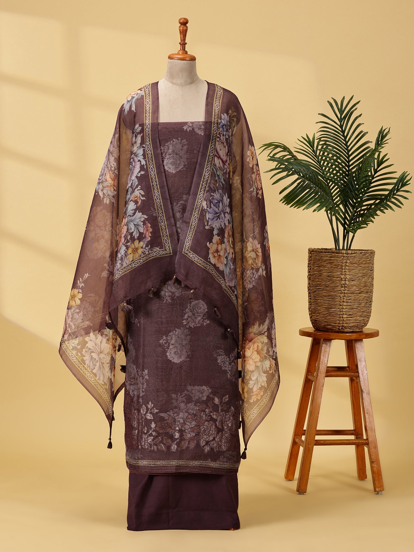 Pure Organza Silk Dress Material Set with Digital Floral Print