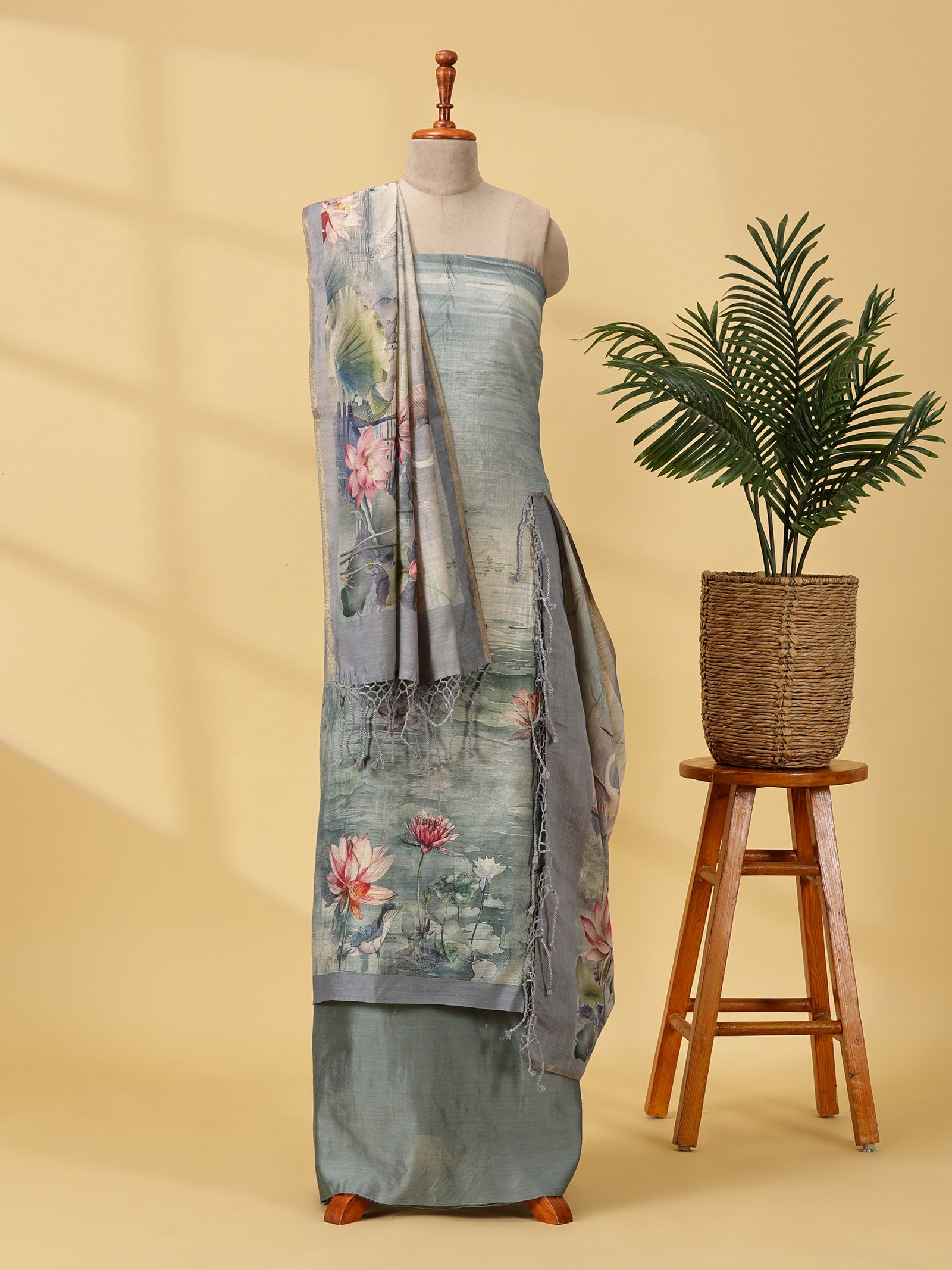 Pure Silk Unstitched Dress Material Set with Digital Print