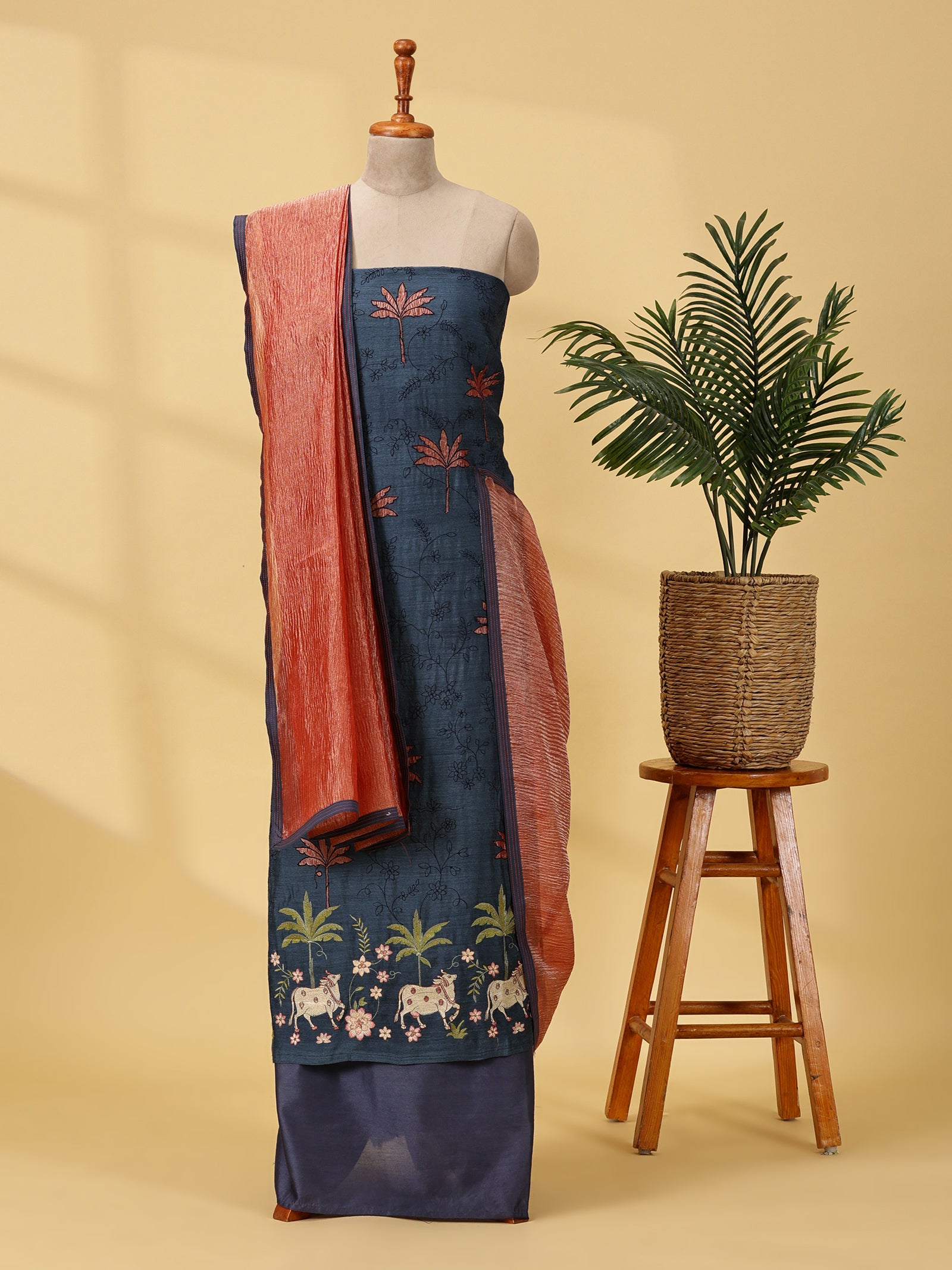 Tussar Silk Dress Material Set with Pitchwai Embroidery & Crush Tissue Dupatta