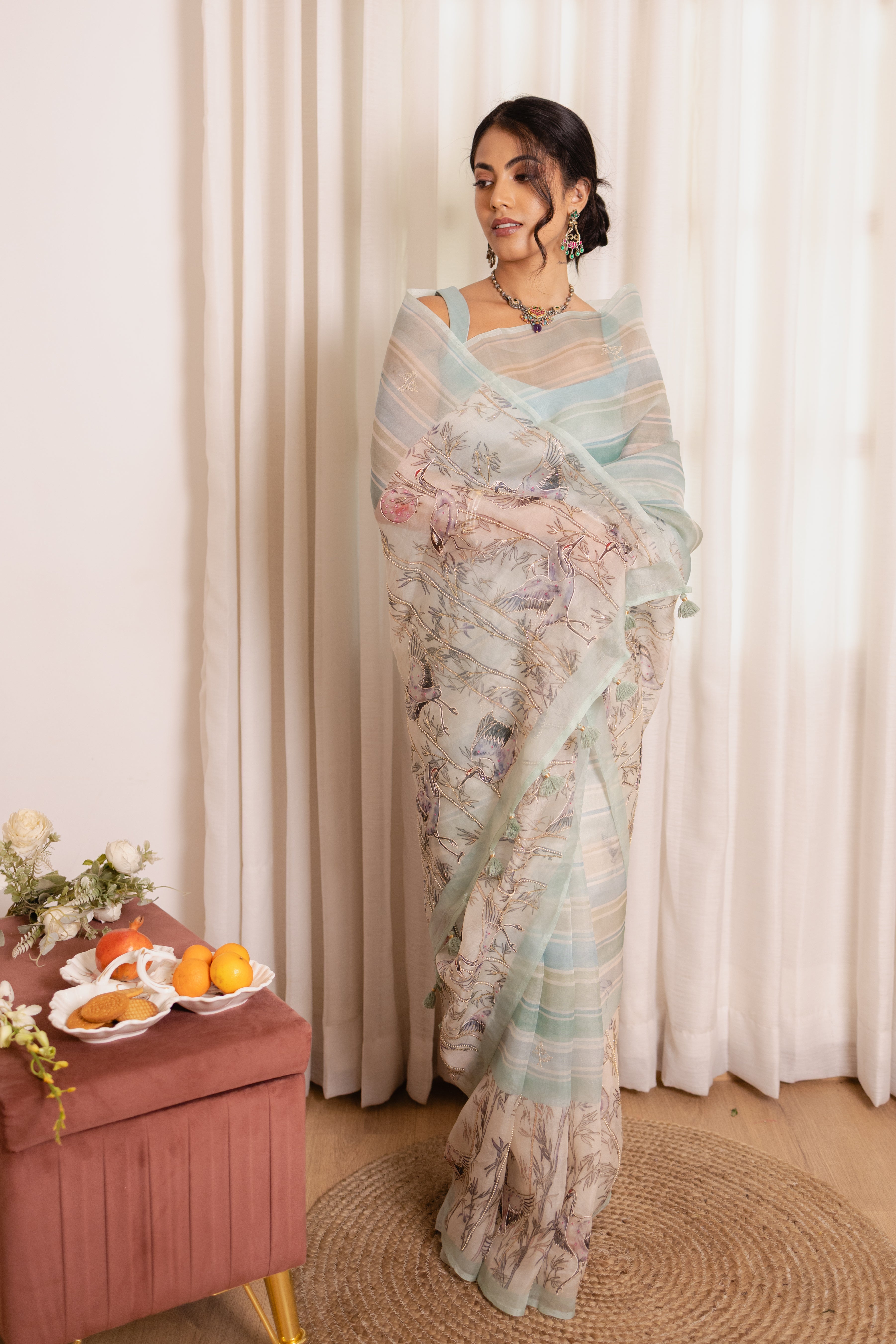 Pastel Heron Print Organza Silk Saree with Zardozi Accents