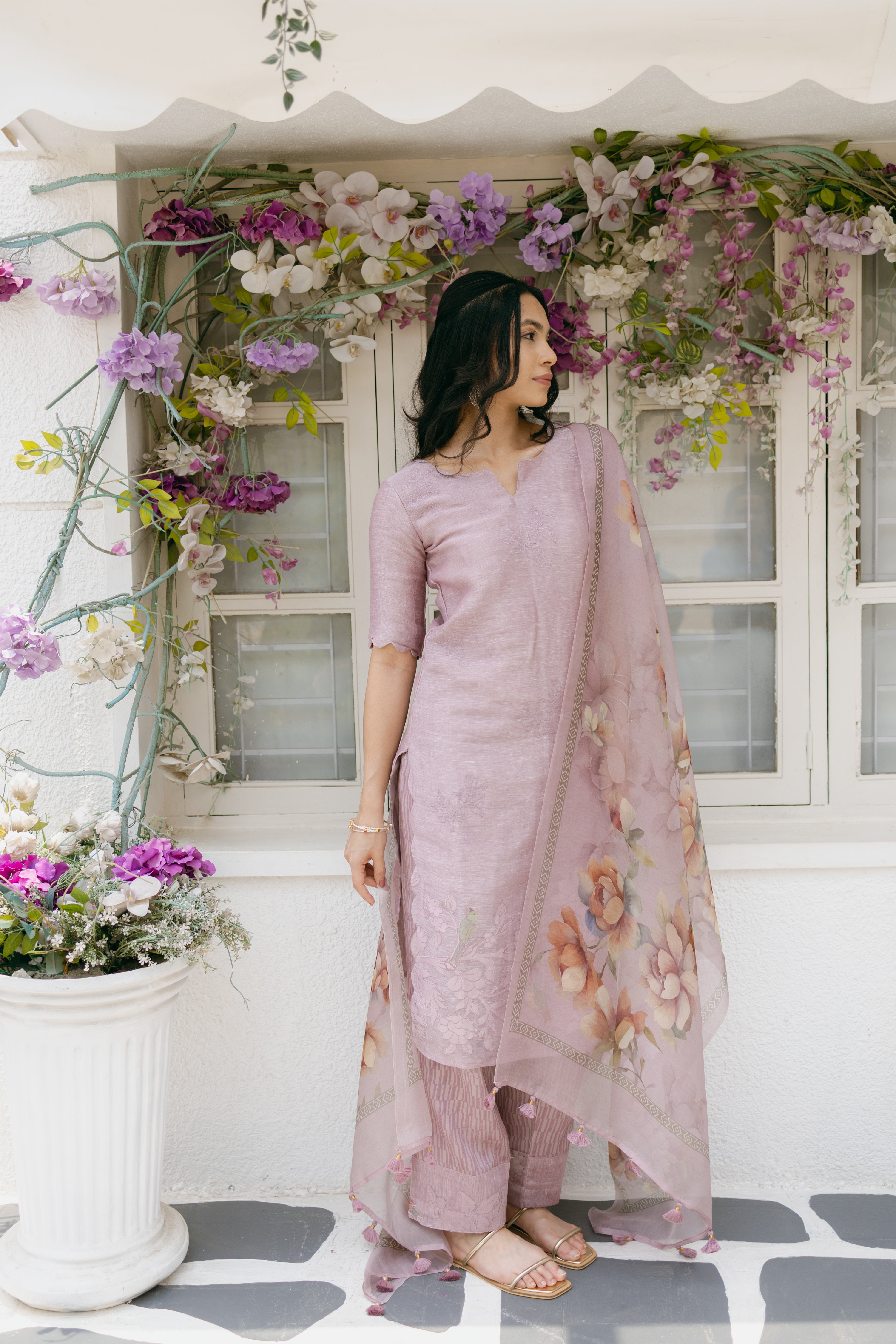 Pure Linen Silk Dress Material Set with Organza Dupatta