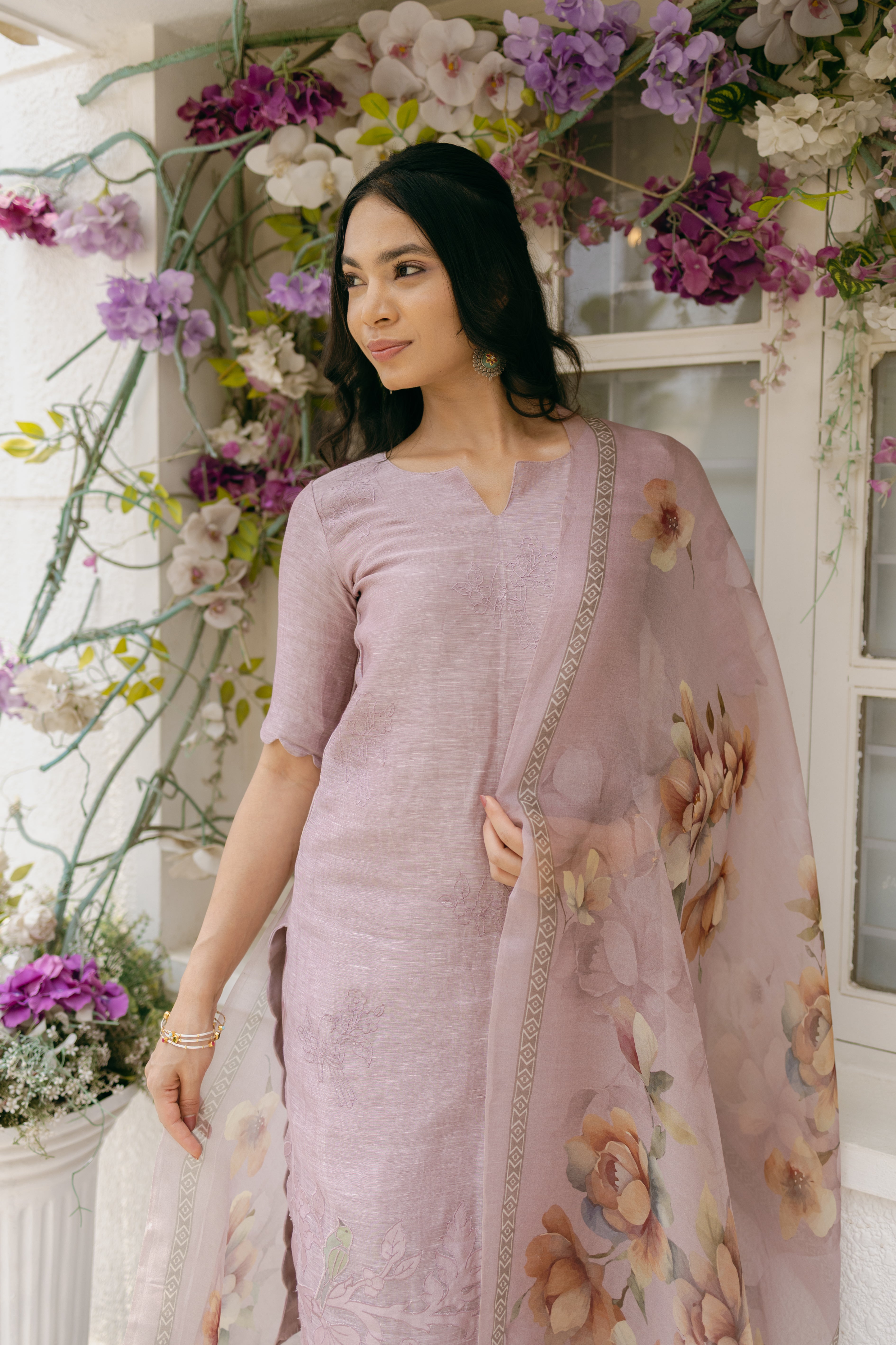 Pure Linen Silk Dress Material Set with Organza Dupatta