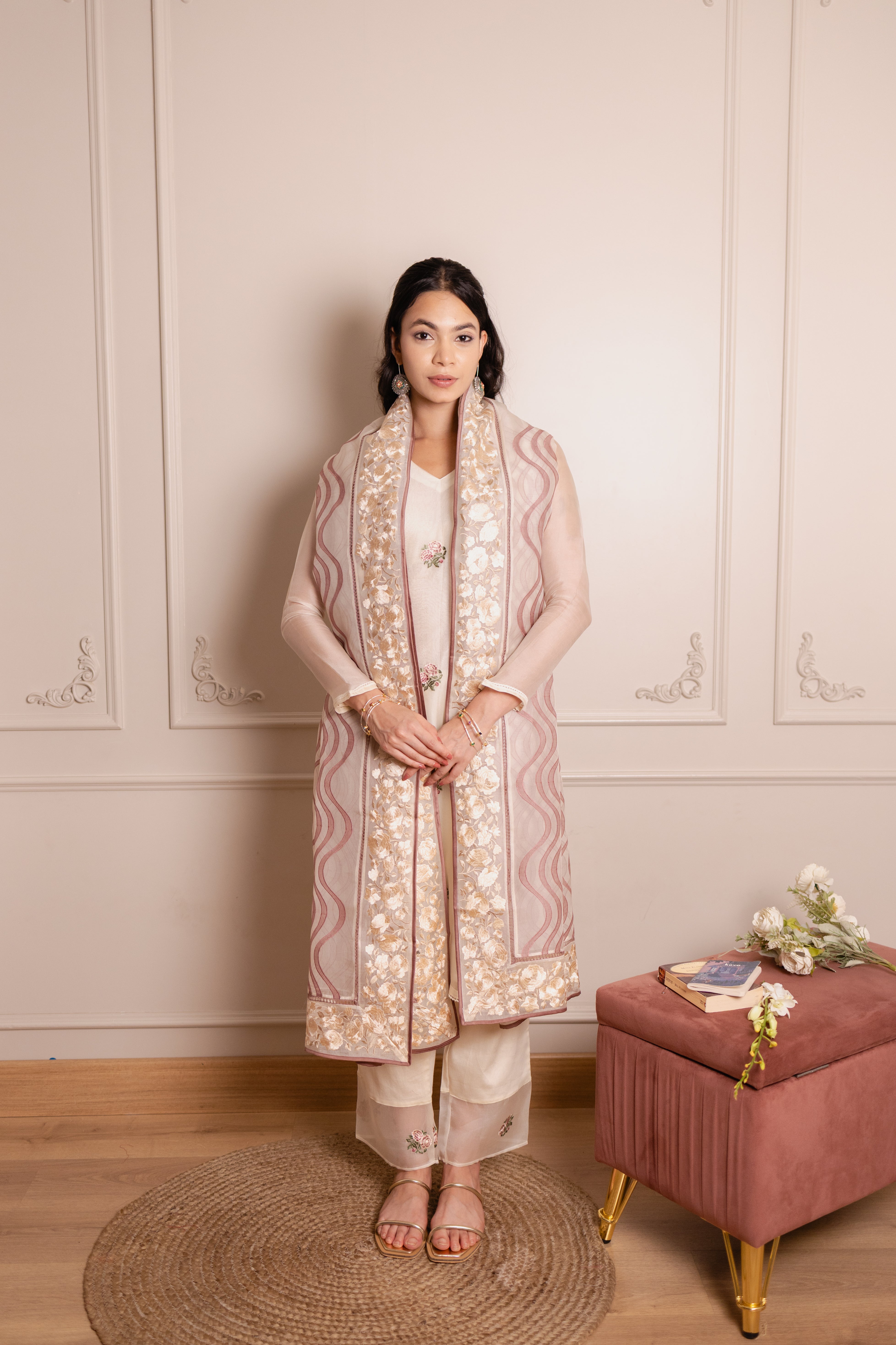 Handcrafted Pure Organza Silk Dress Material Set with Appliqué Dupatta and Crochet Lace