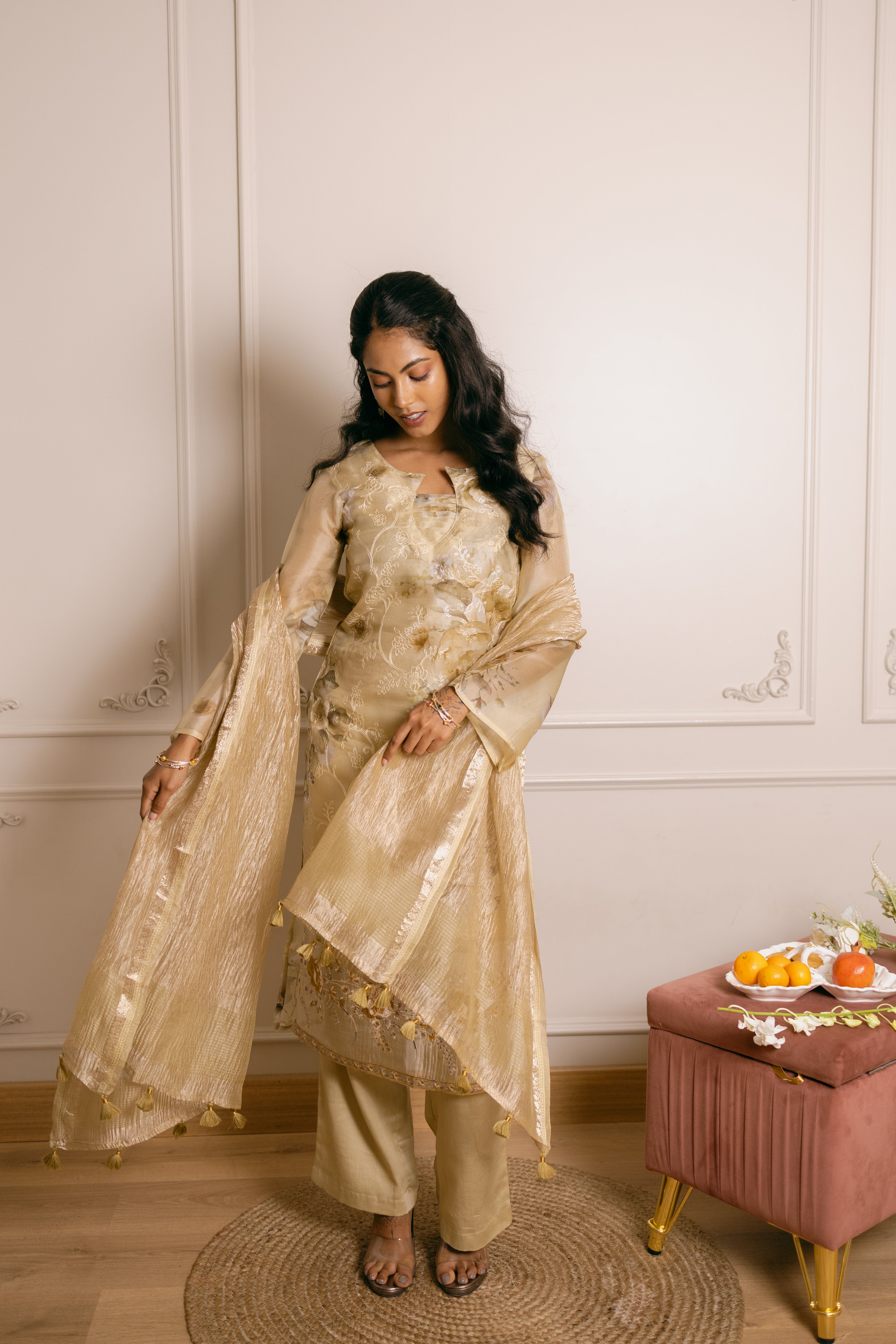 Floral Printed Pure Organza Silk Dress Material with Embroidery