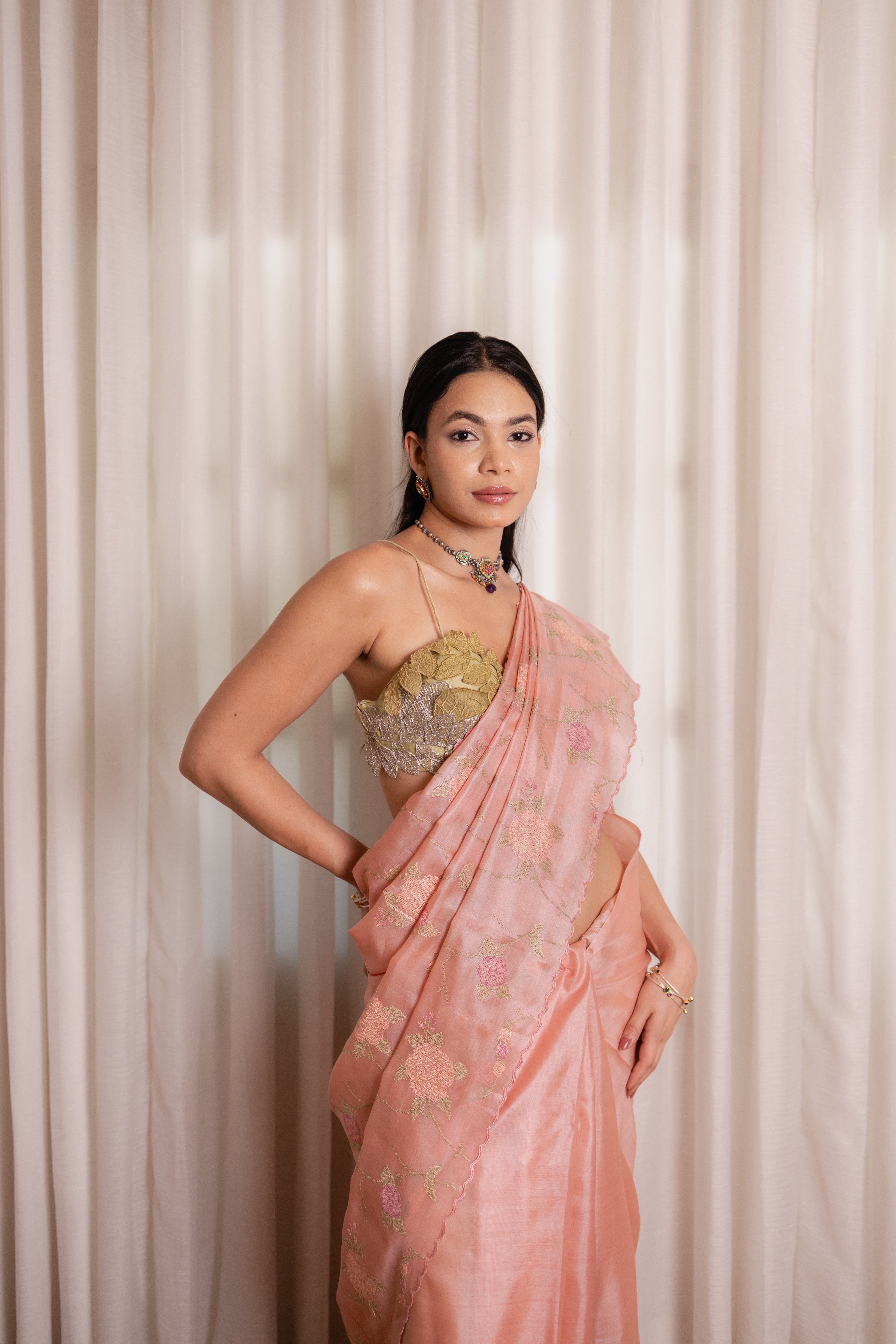Blush Peach Tassar Silk Saree with Floral Embroidery