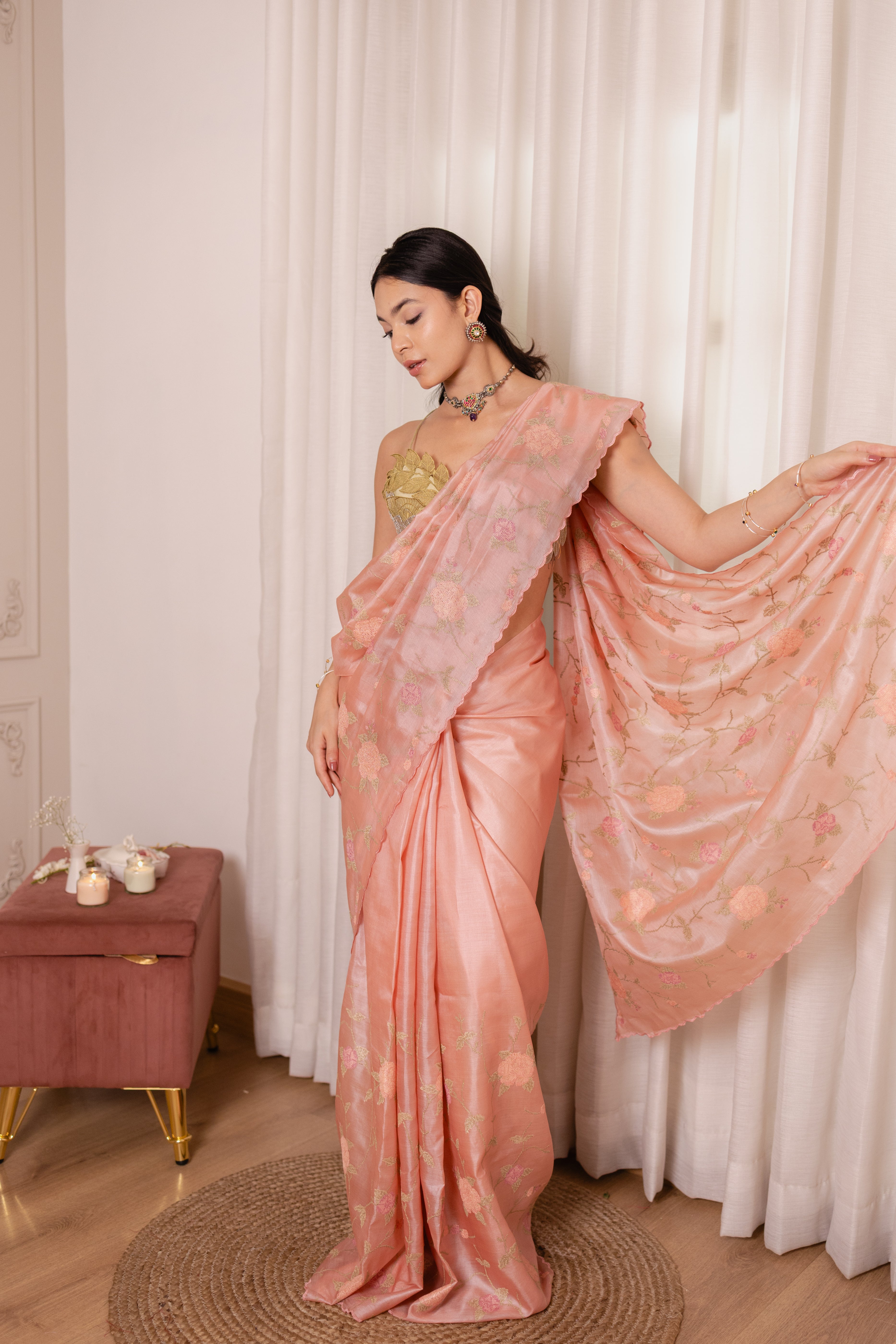 Blush Peach Tassar Silk Saree with Floral Embroidery