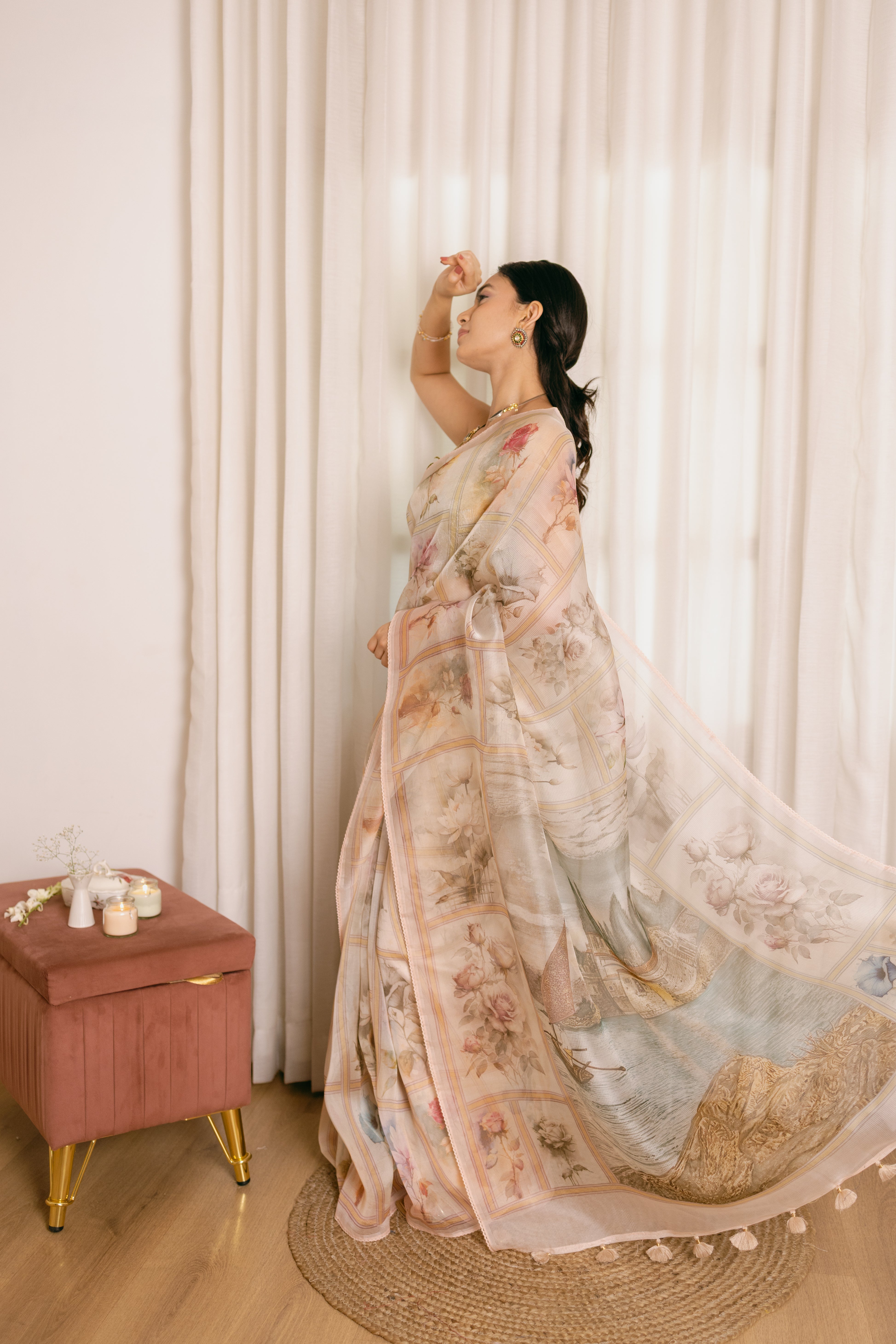 Pure Organza Silk Saree | With Vintage Prints
