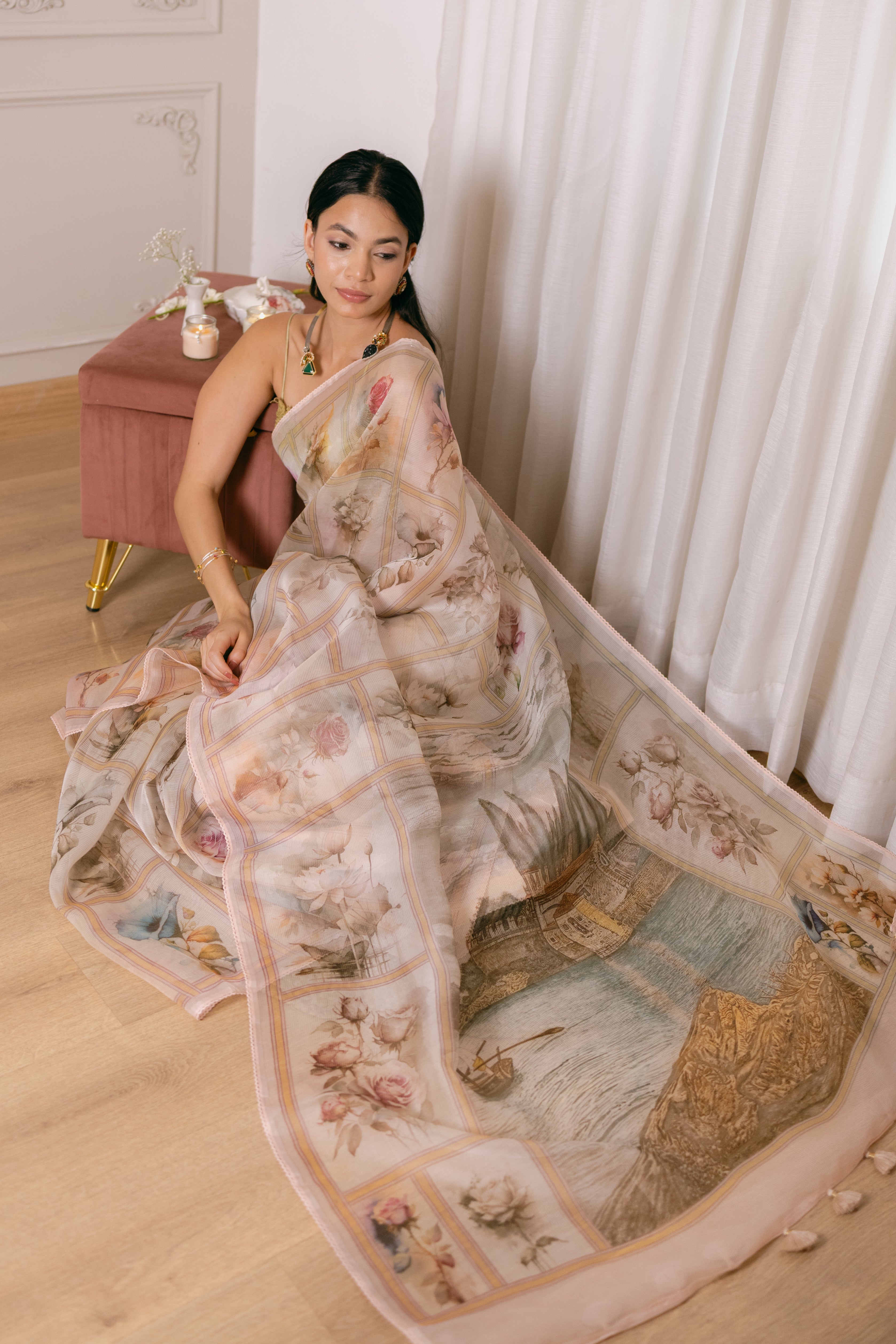 Pure Organza Silk Saree | With Vintage Prints