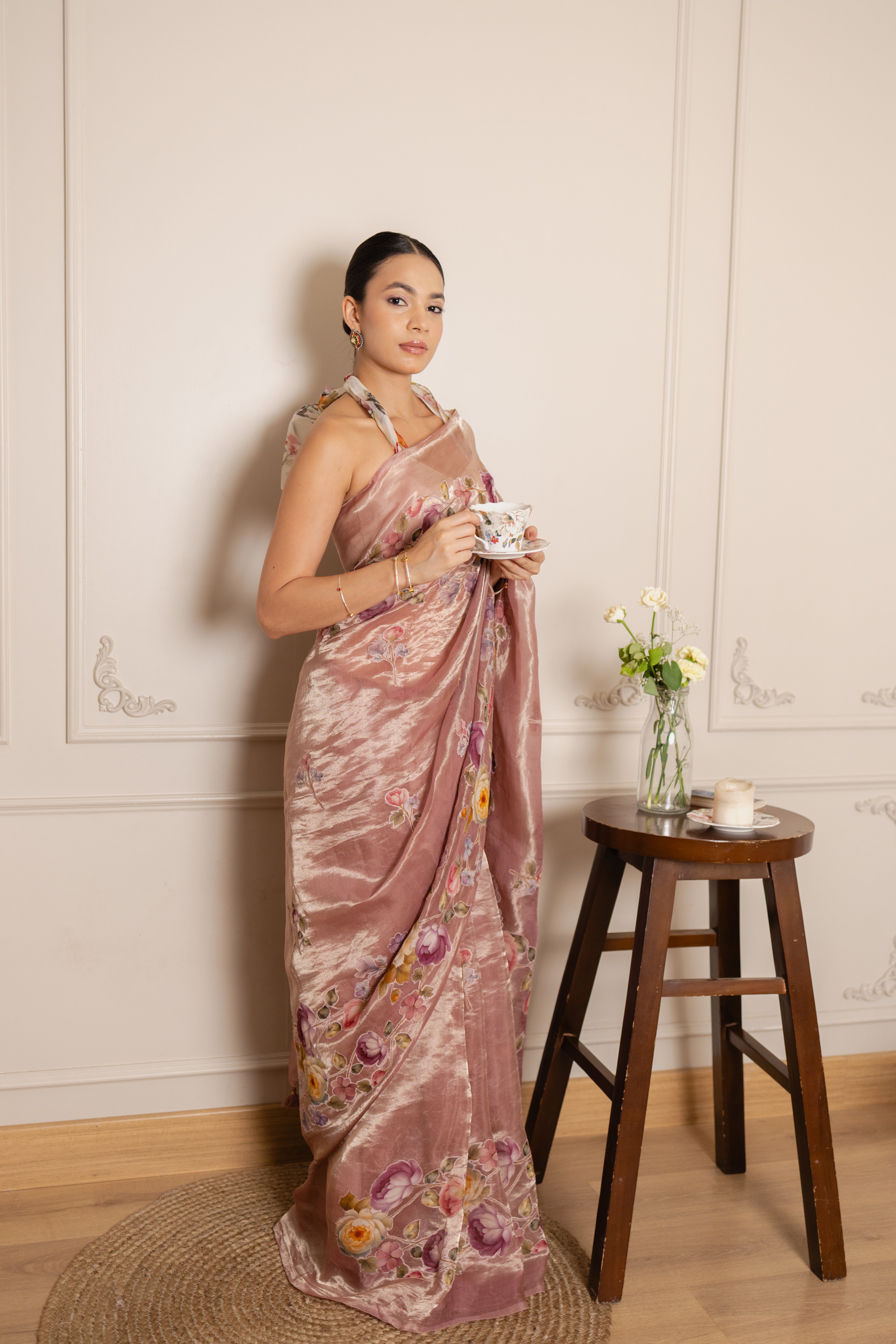 Rose Tissue Silk Saree with Printed Floral Patchwork Embroidery