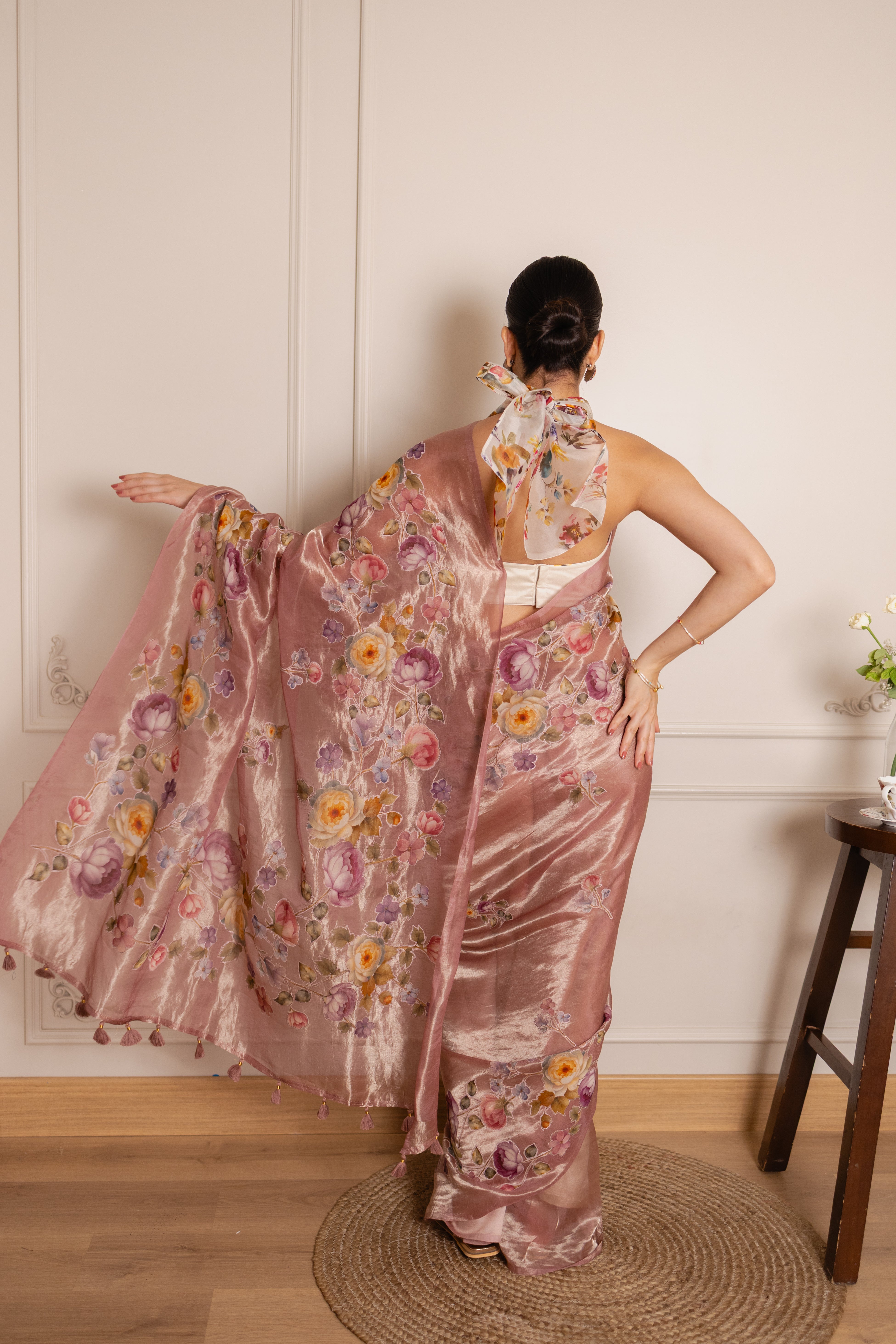 Rose Tissue Silk Saree with Printed Floral Patchwork Embroidery