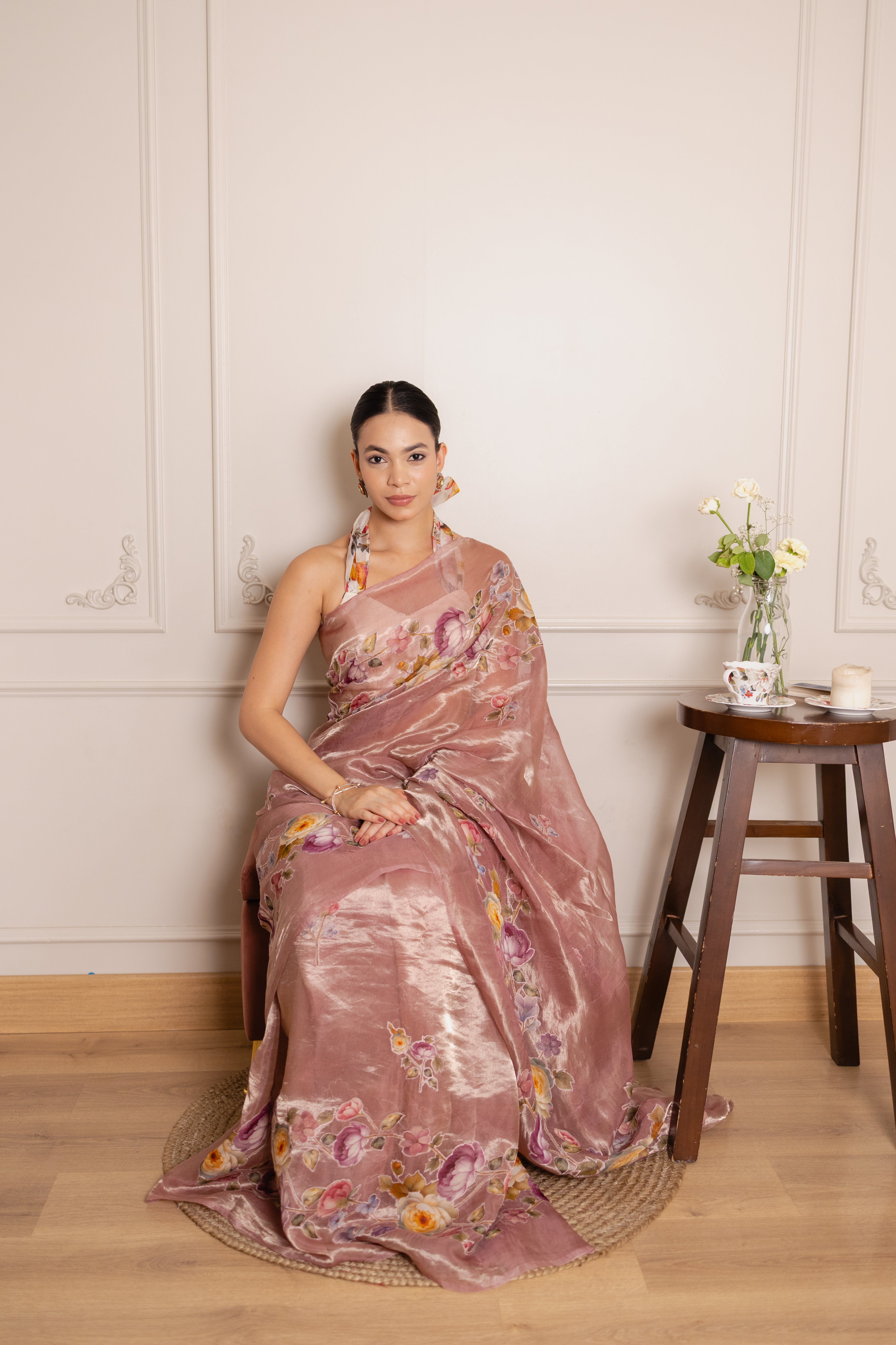 Rose Tissue Silk Saree with Printed Floral Patchwork Embroidery