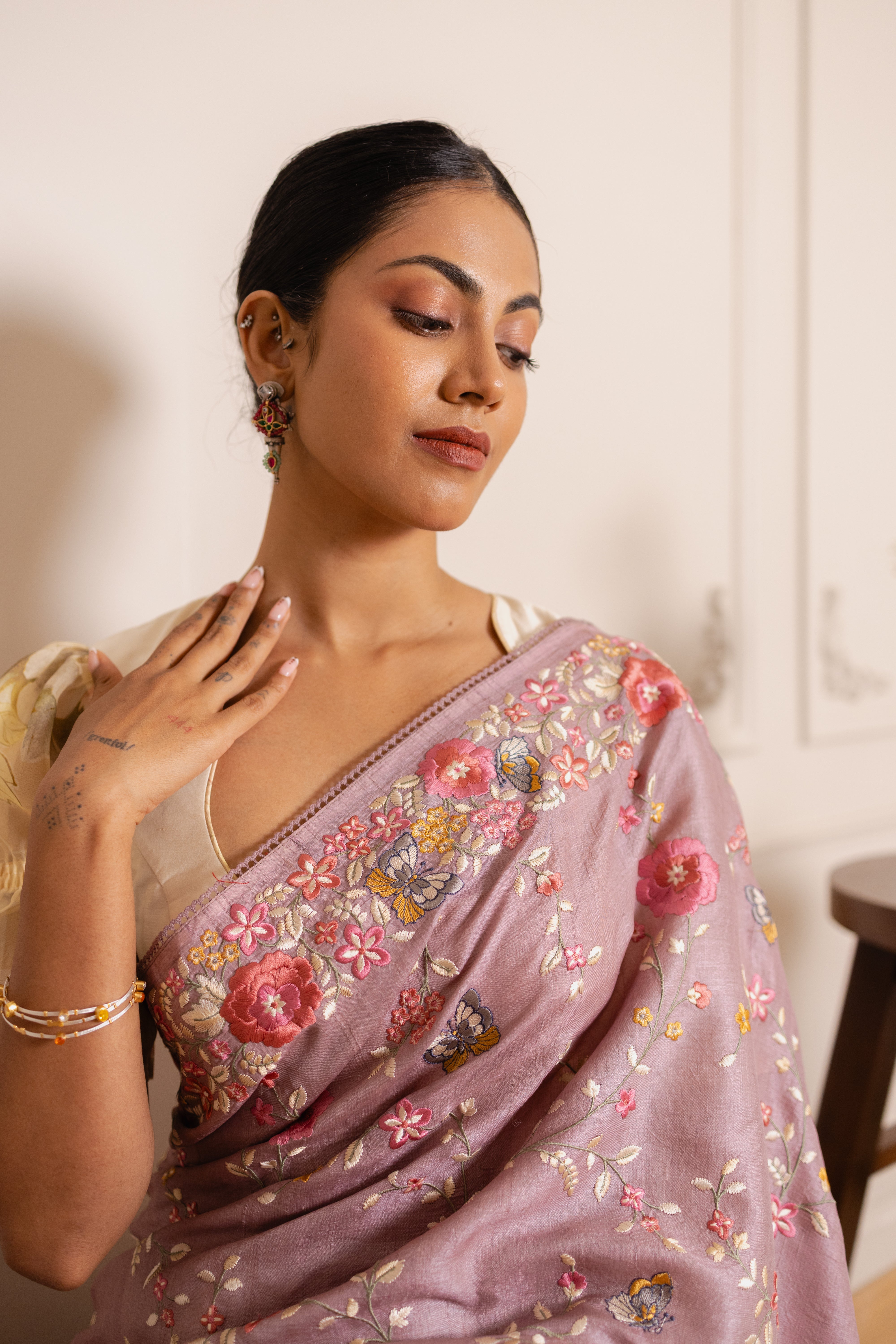 Handwoven Tassar Silk Saree with Resham Embroidery, Crochet Lace, and Floral Blouse