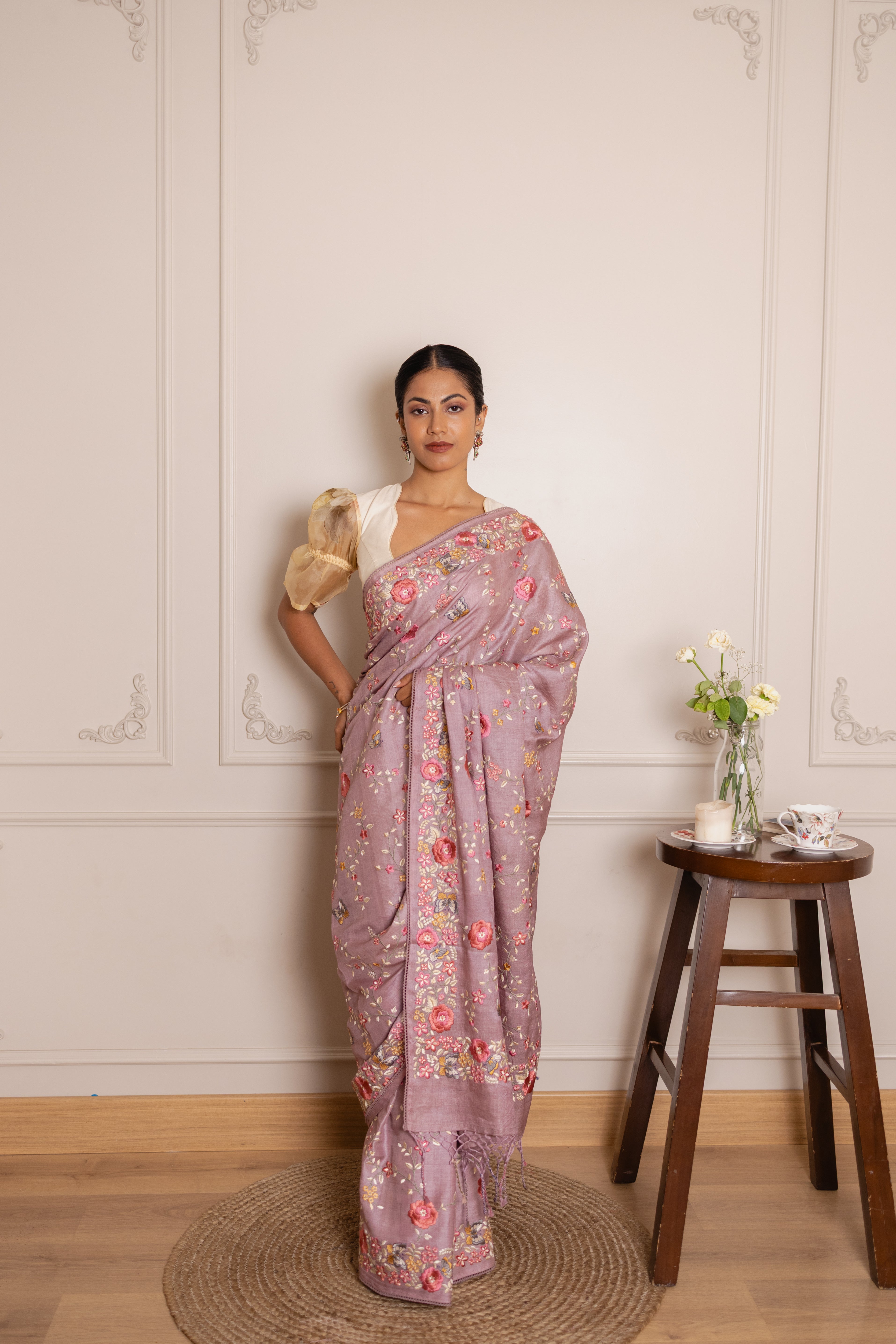 Handloom Tussar Silk Saree | With Floral Embroidery