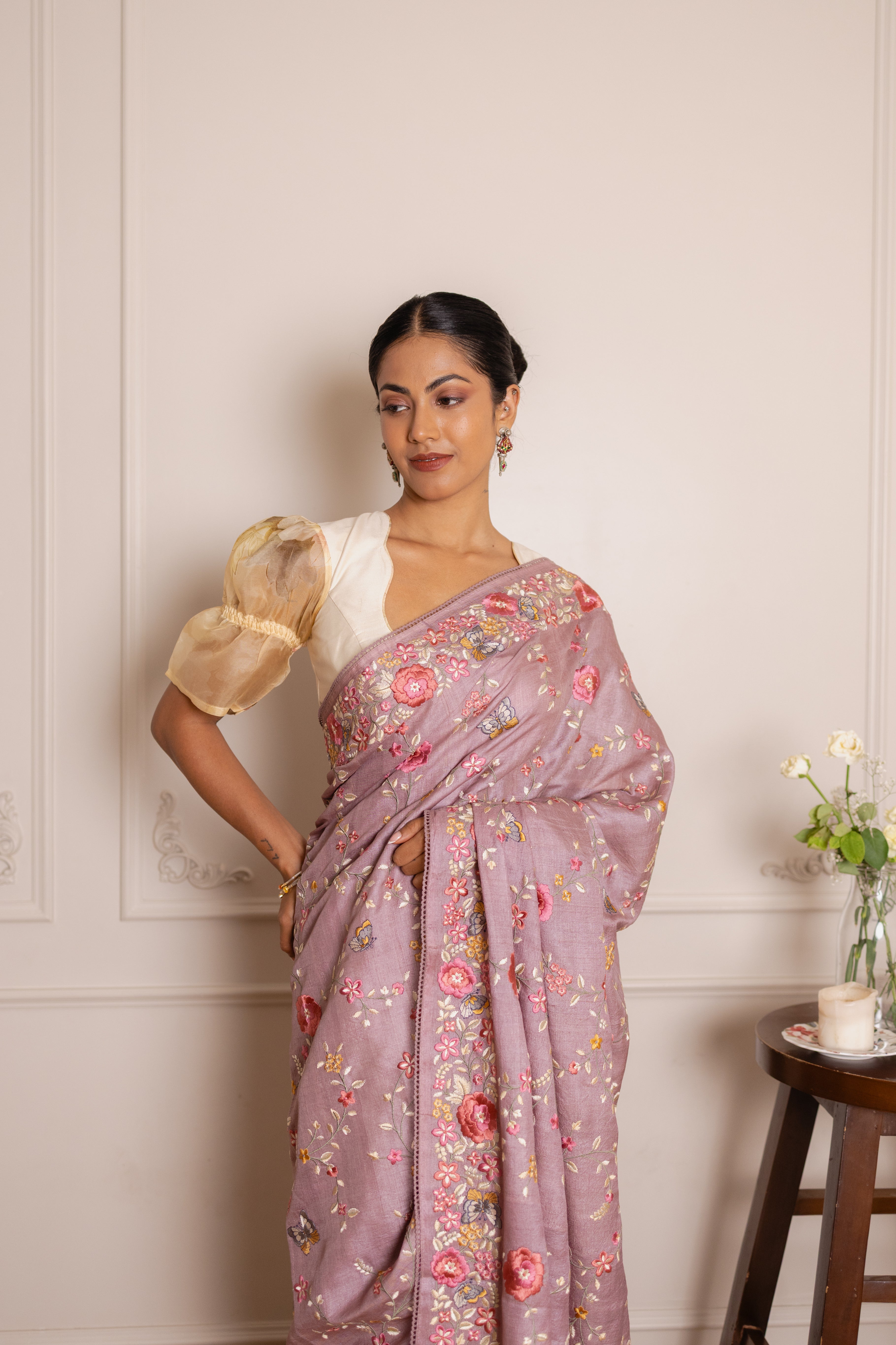 Handwoven Tassar Silk Saree with Resham Embroidery, Crochet Lace, and Floral Blouse