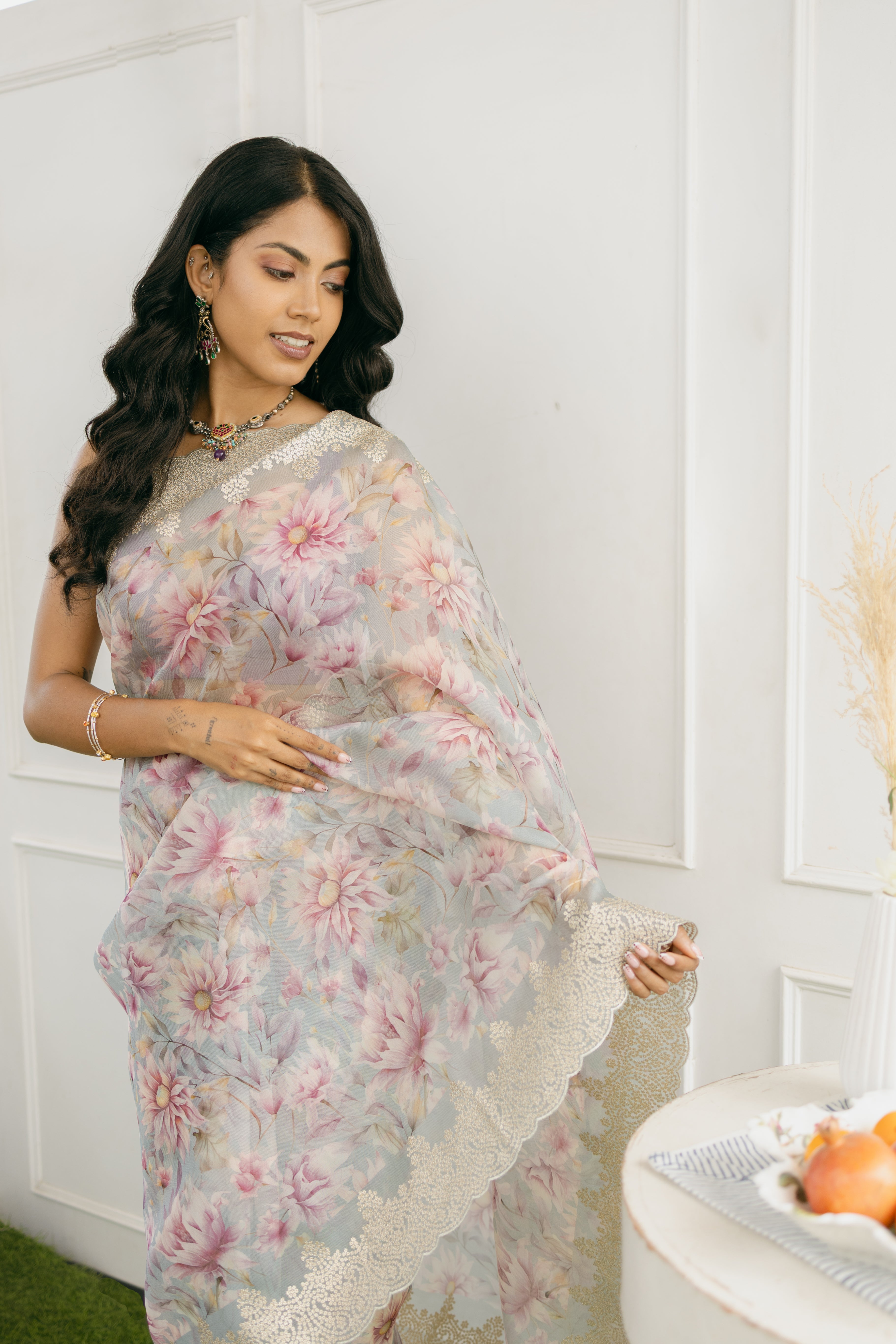 Blush Bloom Floral Organza Silk Saree with Embroidered Border