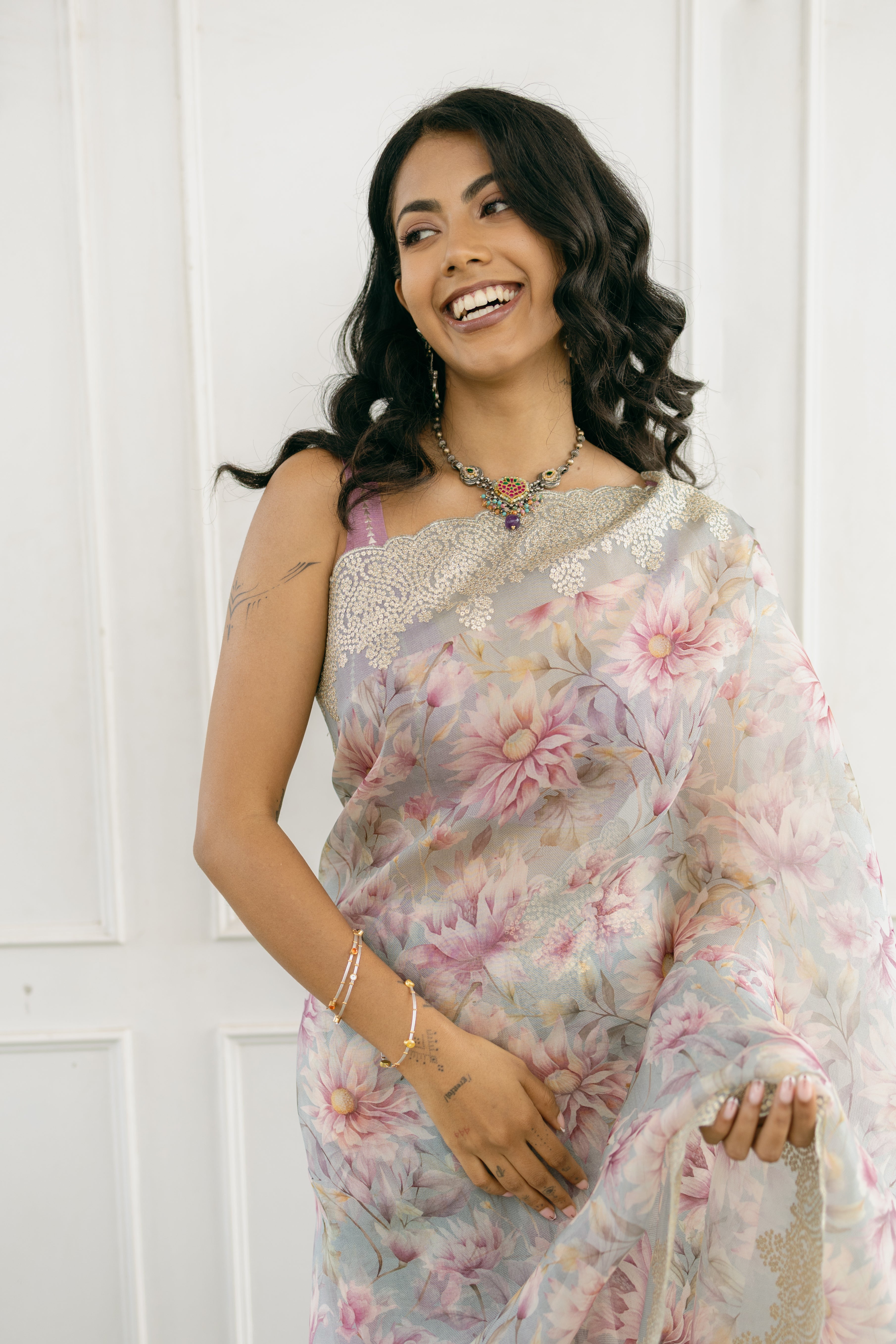 Blush Bloom Floral Organza Silk Saree with Embroidered Border