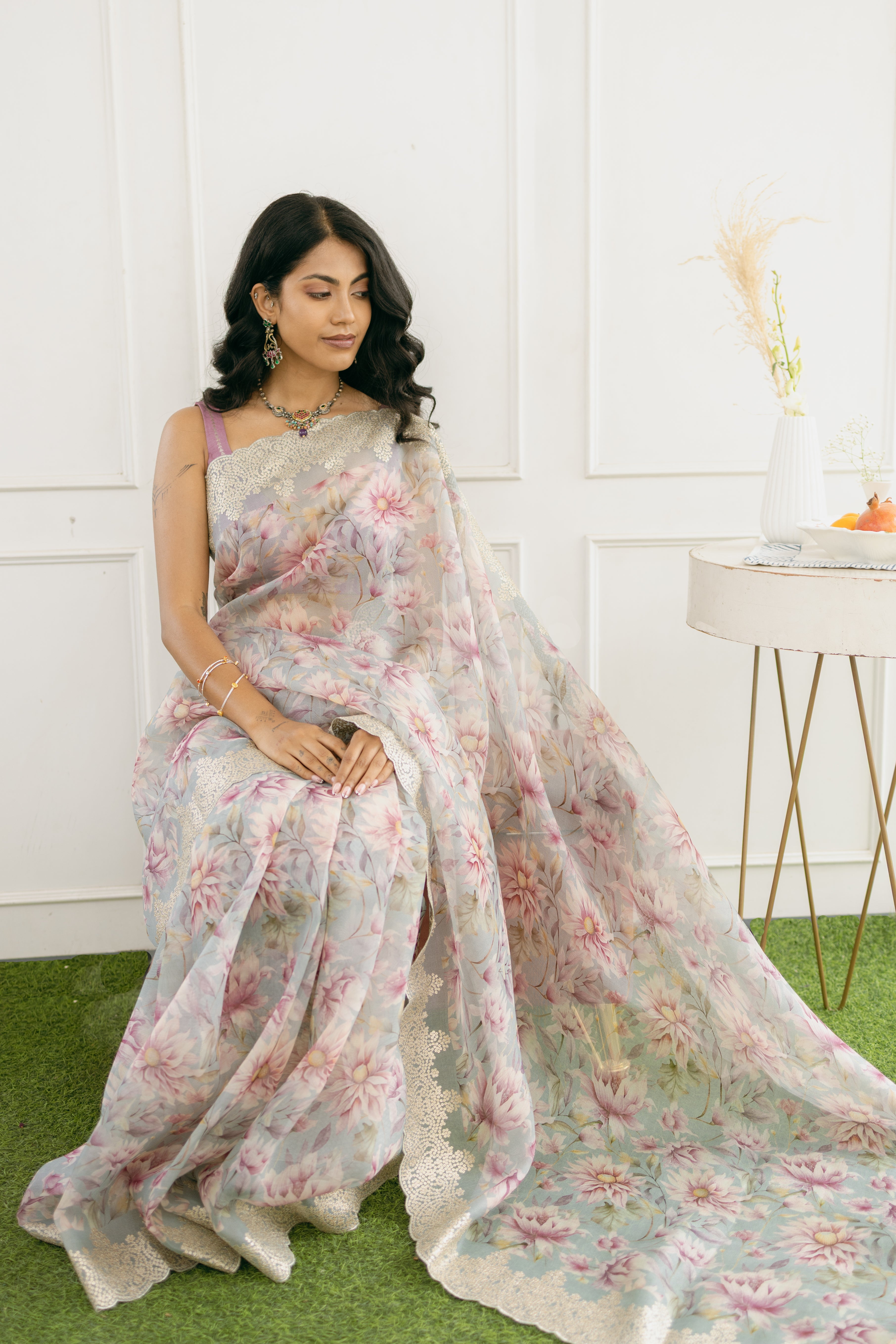 Blush Bloom Floral Organza Silk Saree with Embroidered Border