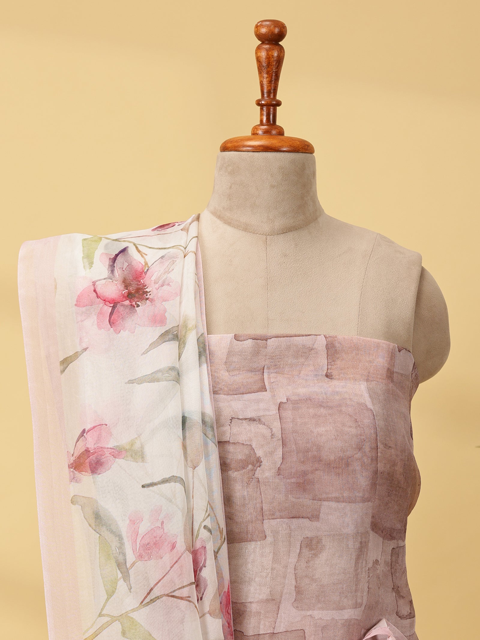 Pure Organza Silk Dress Material Set with Embroidered Hem & Digital Print