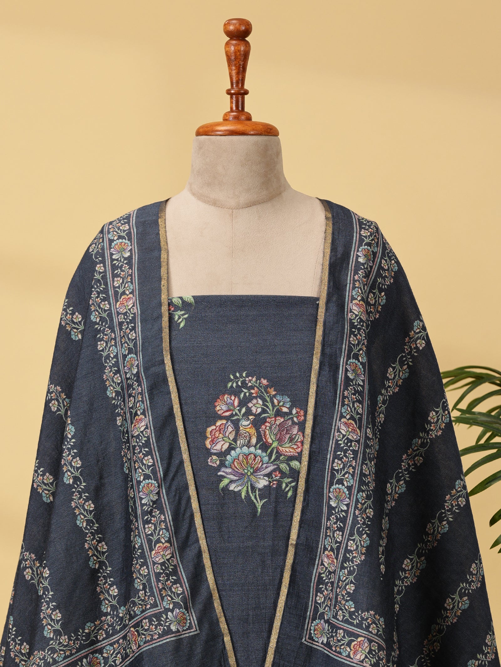 Moonga Silk Unstitched Dress Material Set with Vintage Floral Prints