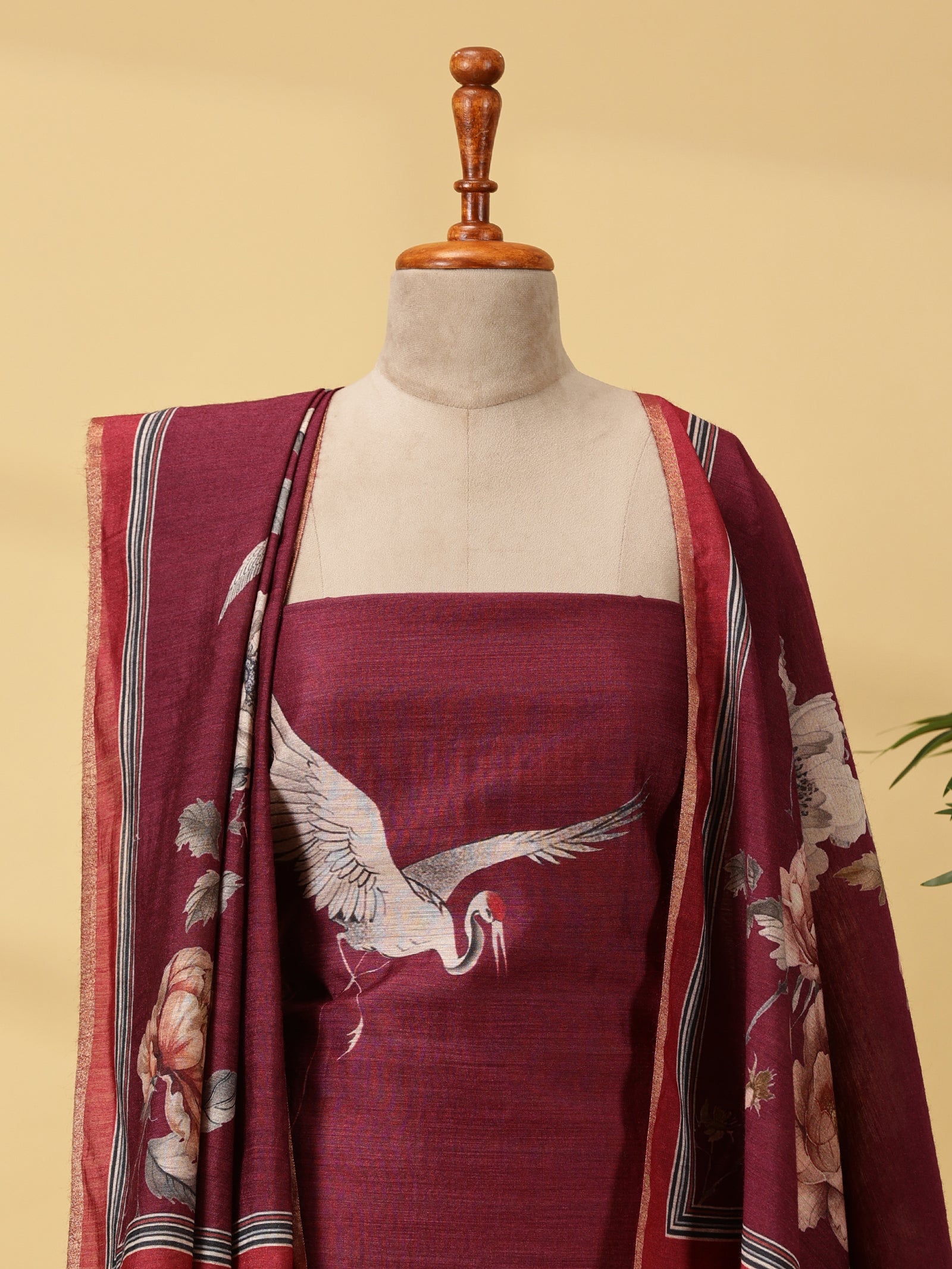 Pure Moonga Silk Dress Material Set with Floral & Bird Digital Print